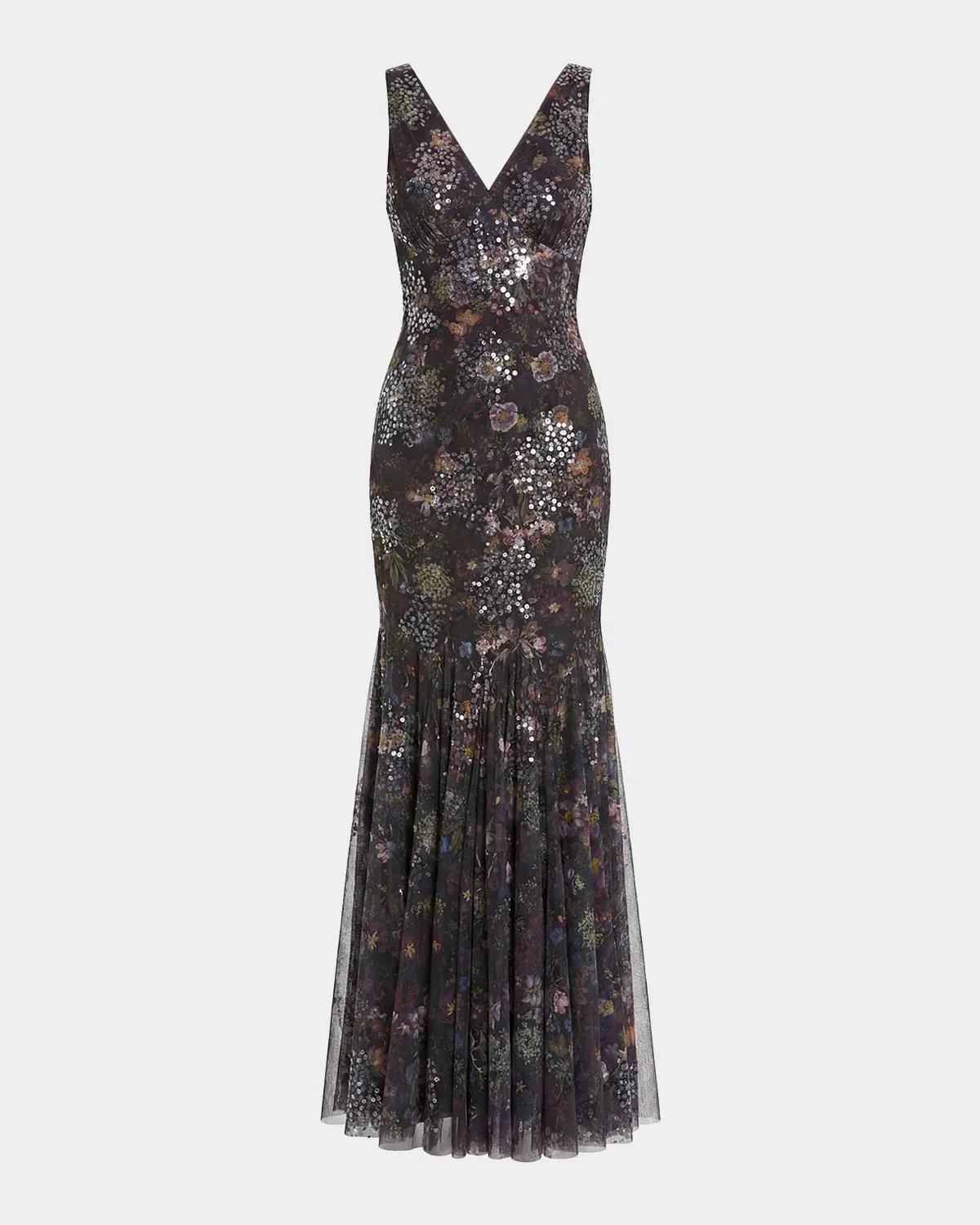 Sequin Floral-Print Mesh Mermaid Gown - 1