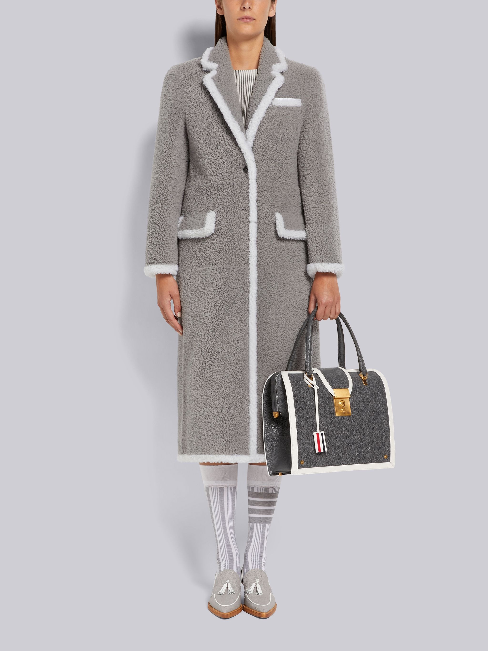 Medium Grey Dyed Shearling Contrast Framing Wide Lapel Overcoat - 4
