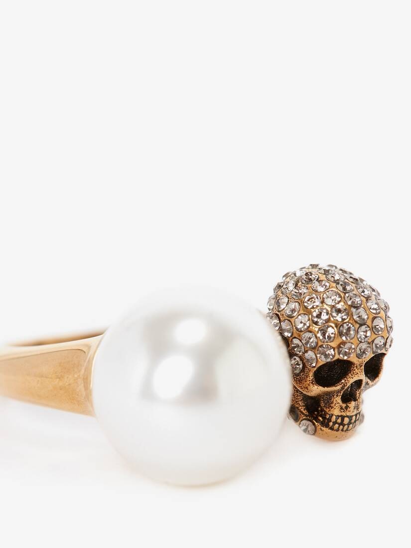 Pearl-like Skull Ring in Antique Gold - 4