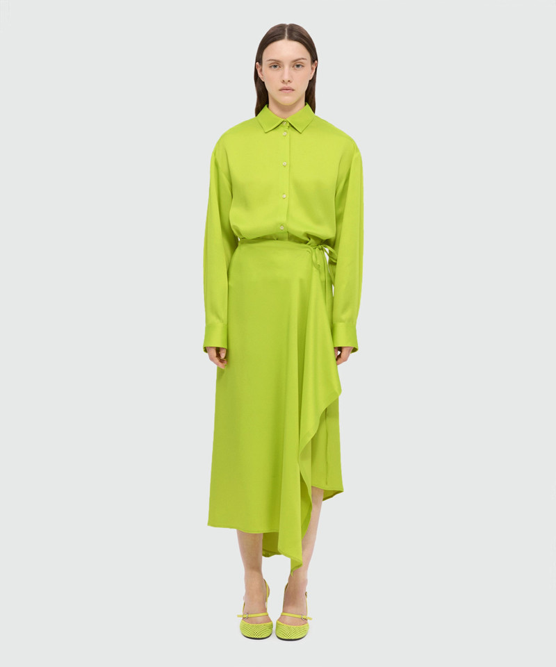 MSGM Lime satin midi dress with pareo-style skirt outlook