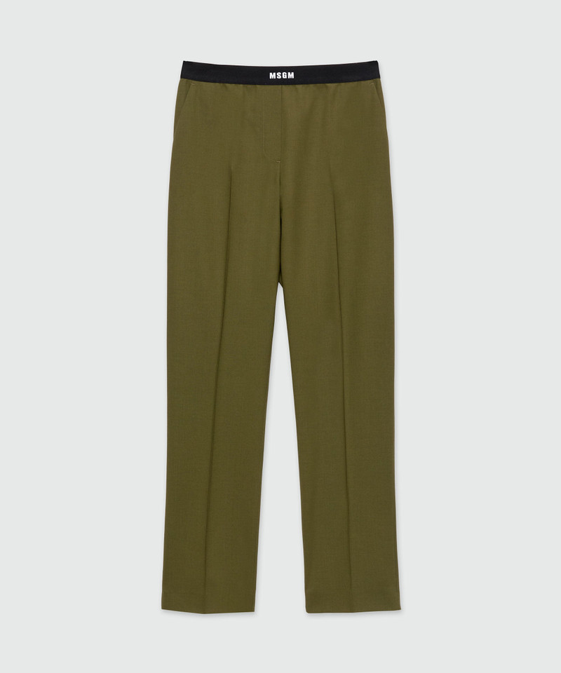 Olive green trousers in cool wool with logoed elastic band 1