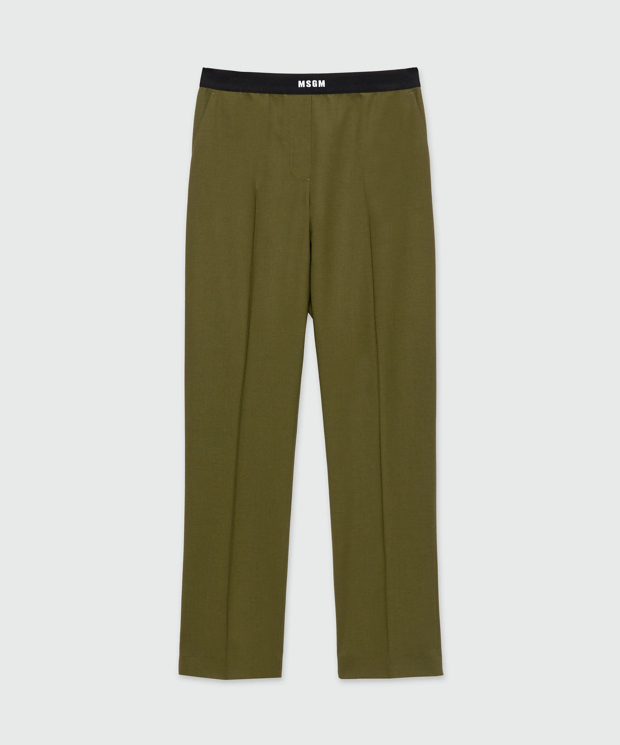 Olive green trousers in cool wool with logoed elastic band - 1