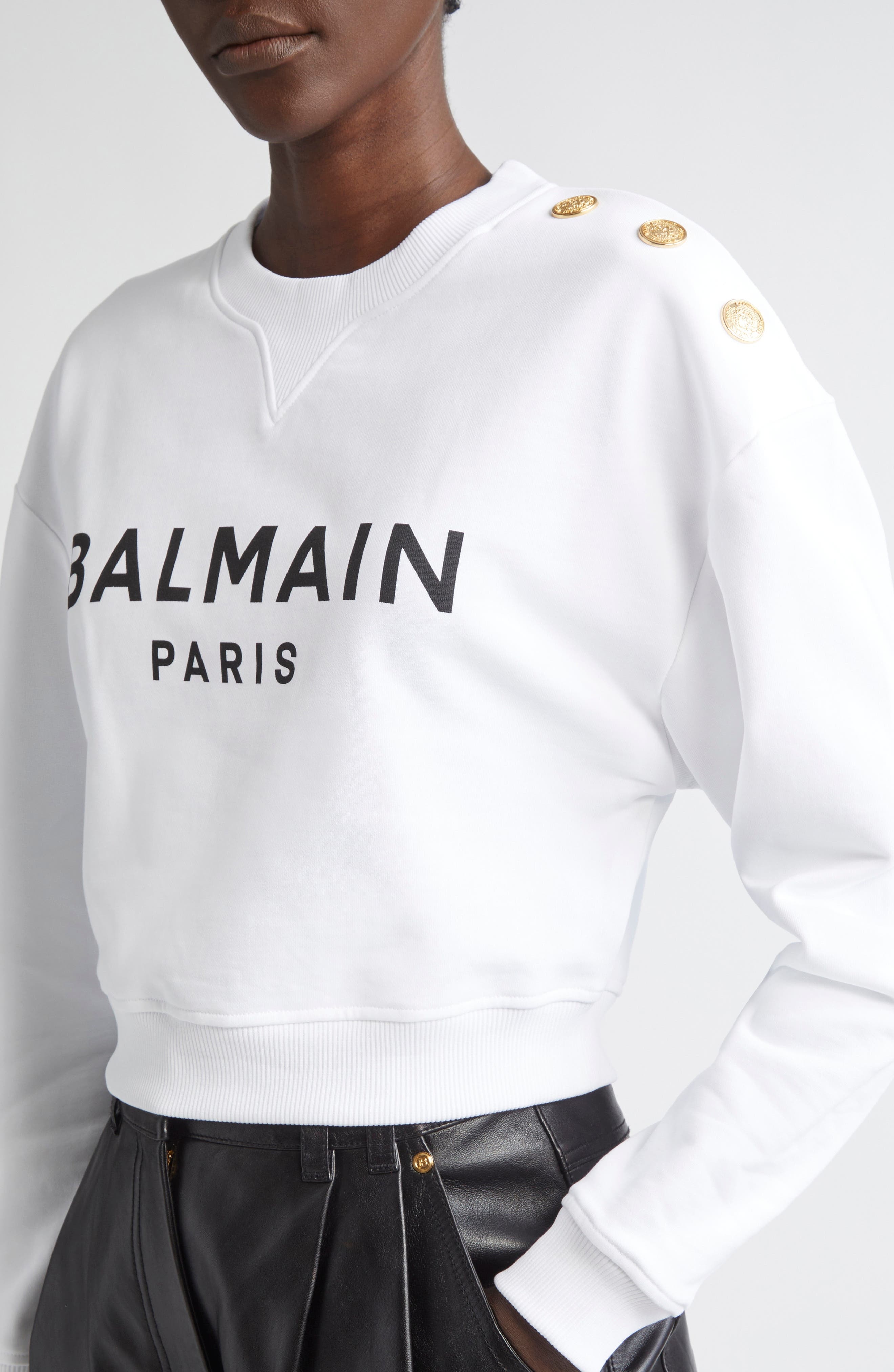 Balmain Crop Logo Graphic Sweatshirt in Gab White/Blk at Nordstrom - 4