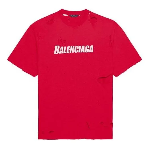 Men's Balenciaga Alphabet Printing Pattern Hole Round Neck Short Sleeve Red 651795TKVB86295 - 1