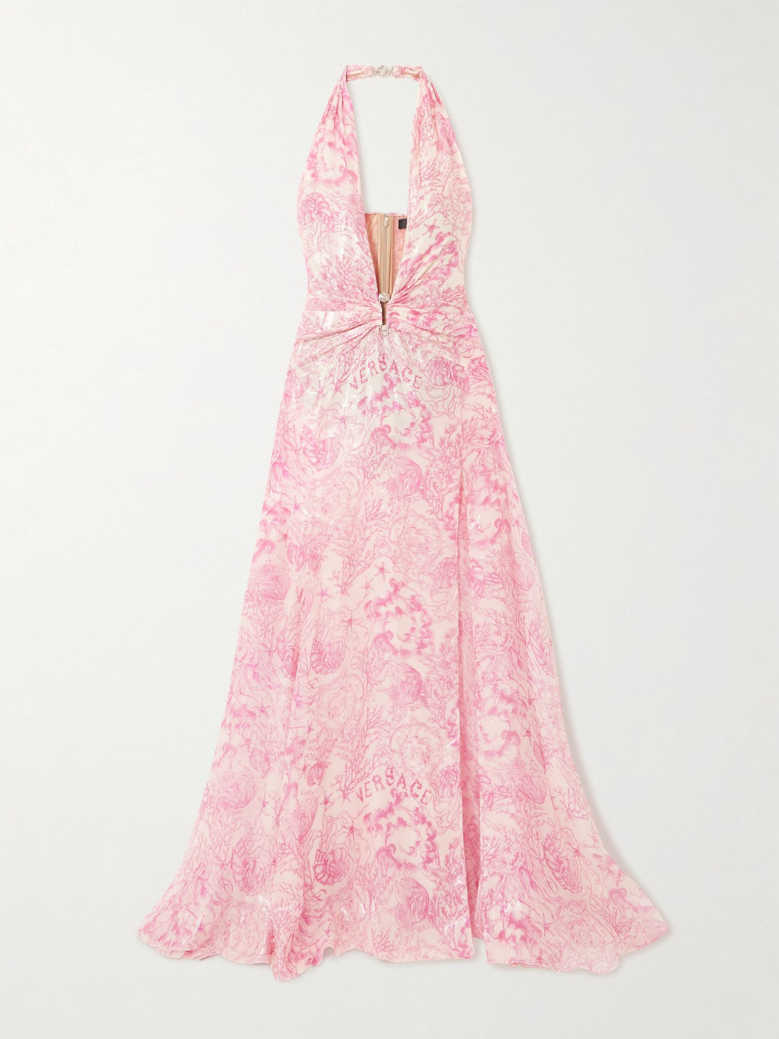 Embellished metallic printed silk-blend chiffon gown Pink - 1