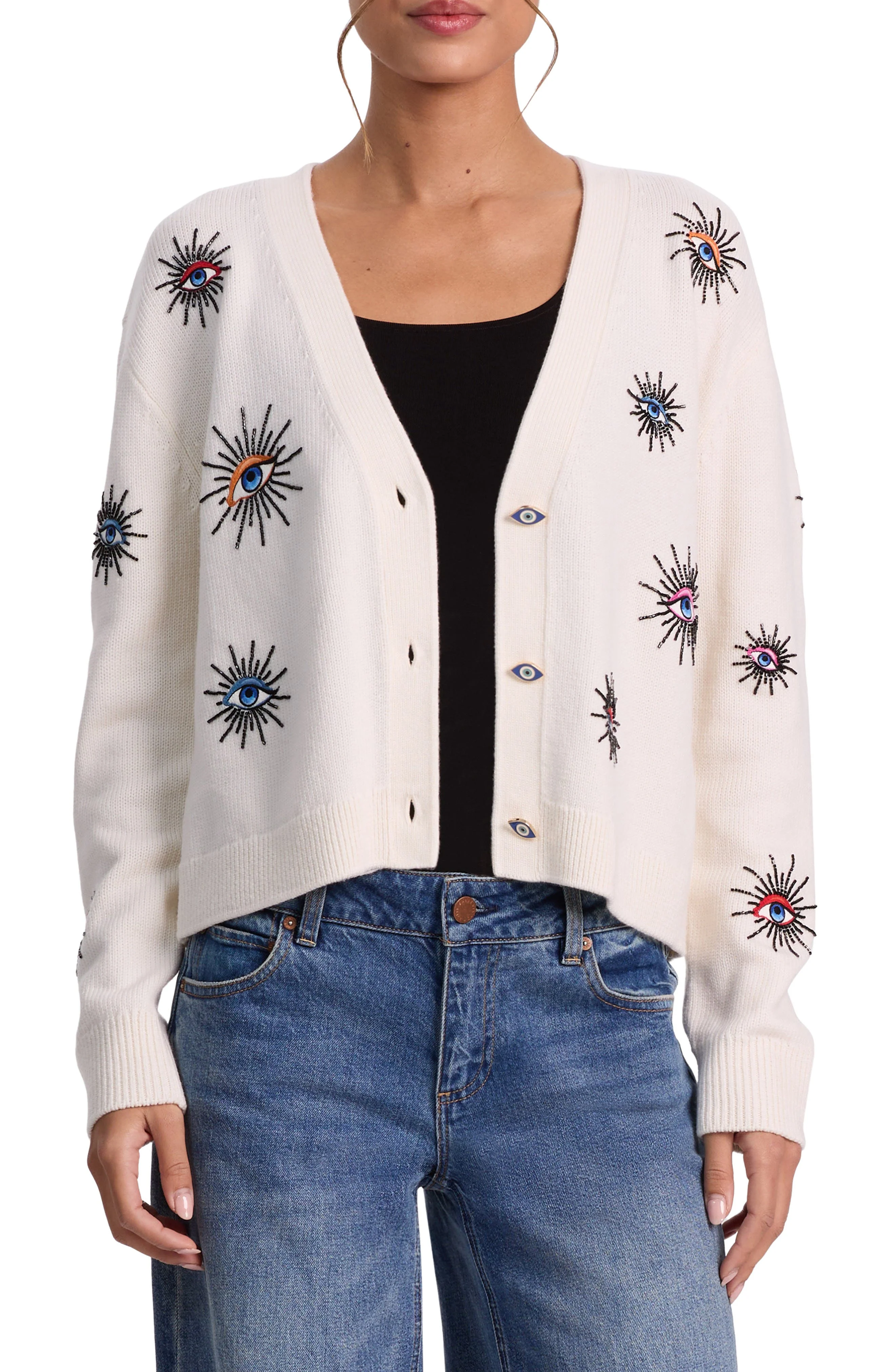 Alice + Olivia Bradley Embellished Stretch Wool Cardigan in Ecru Multi at Nordstrom - 1