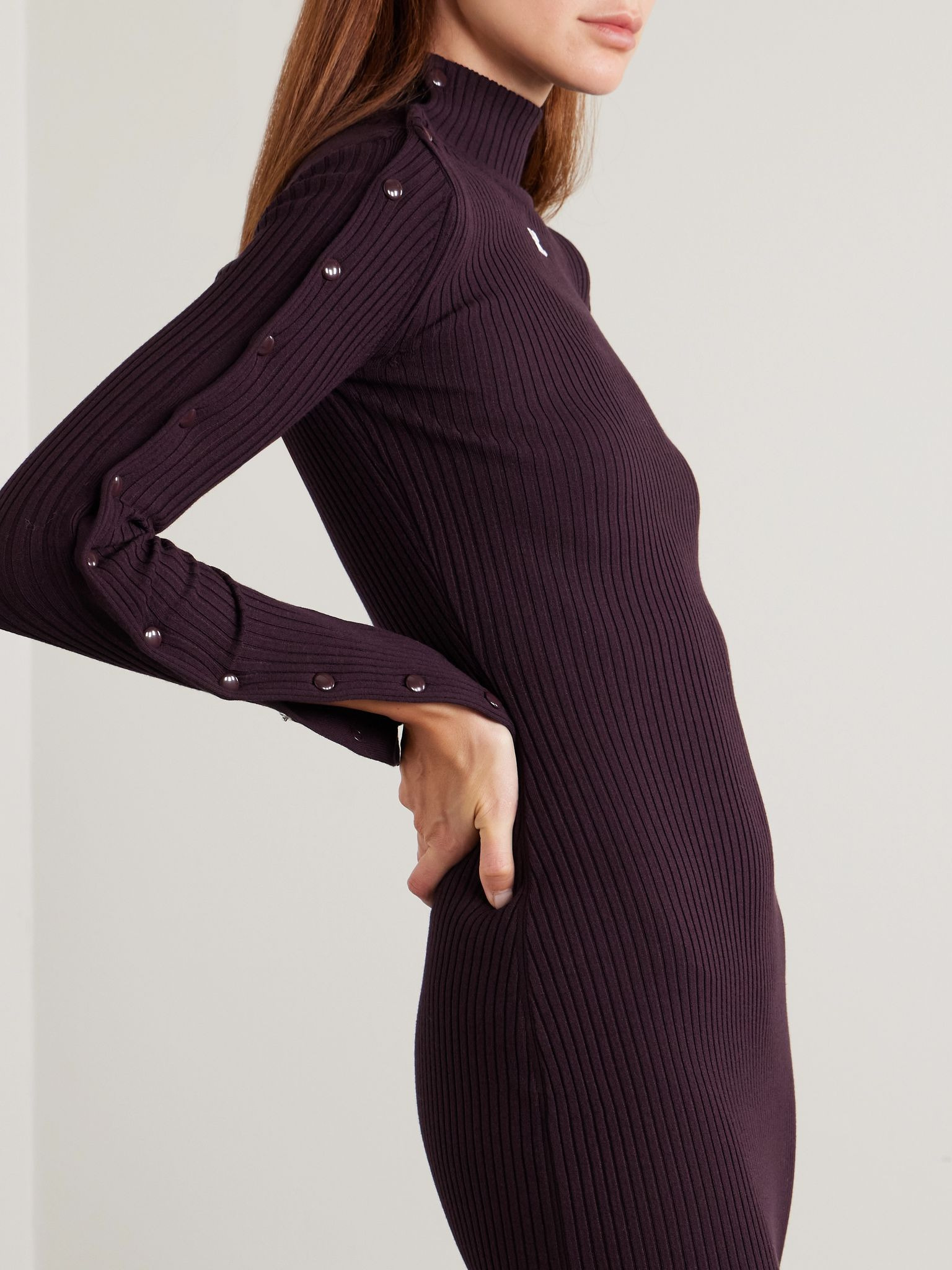 Embroidered ribbed-knit turtleneck midi dress Burgundy - 5