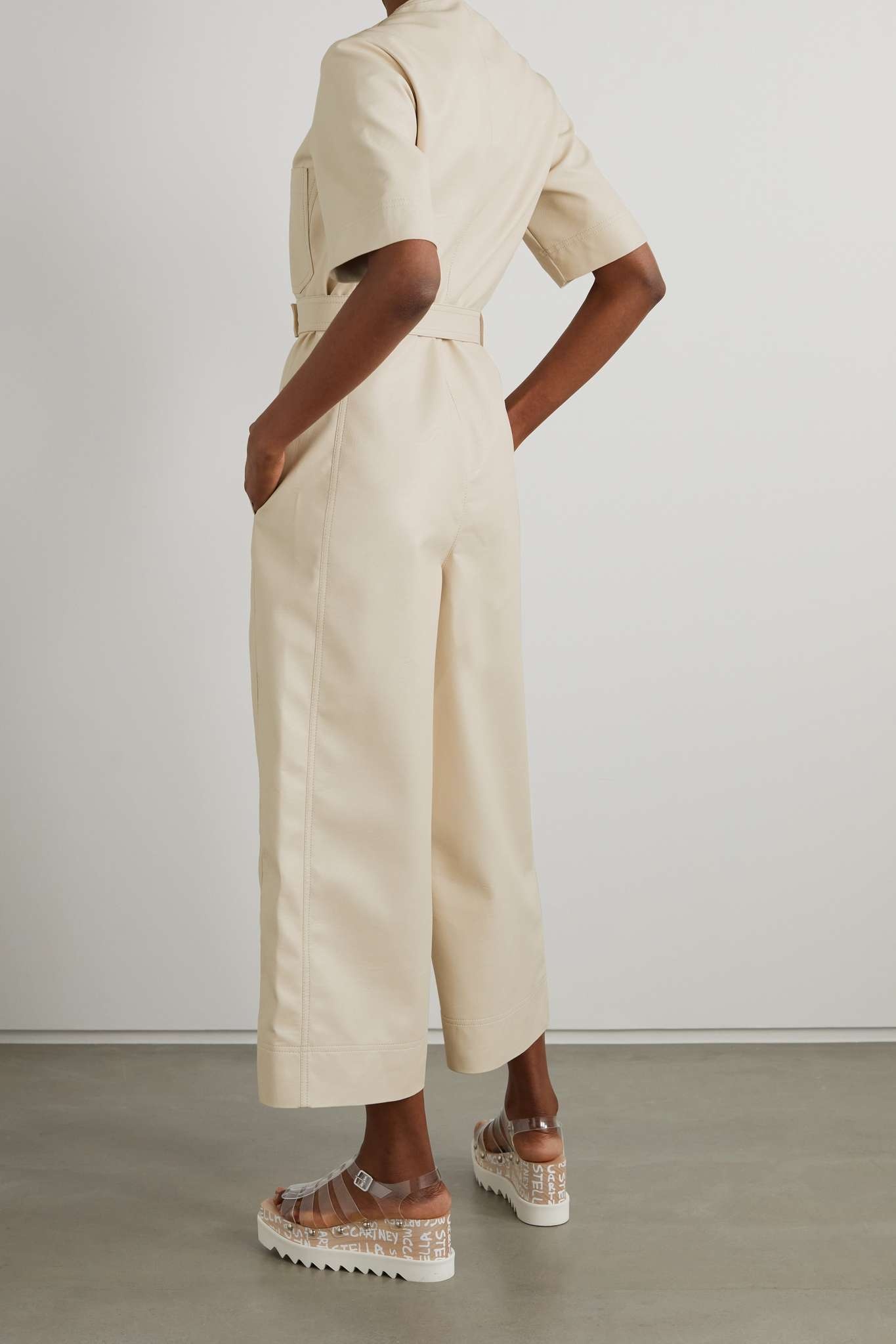 Cropped belted vegetarian leather jumpsuit - 3