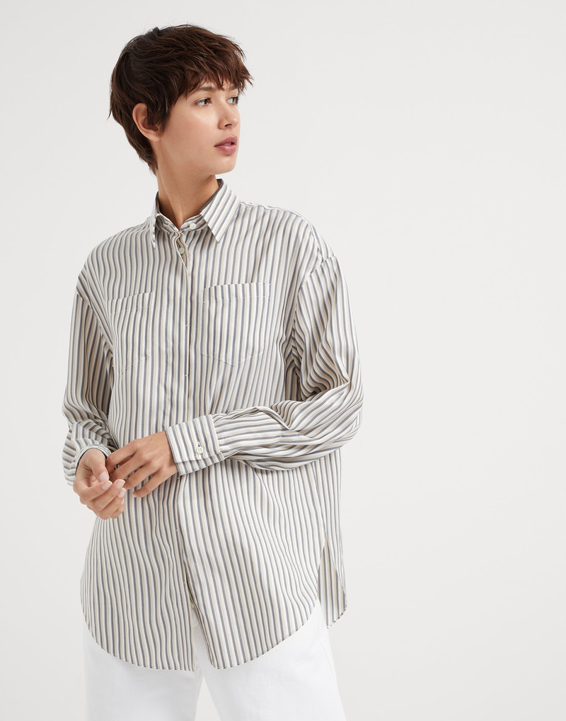 Silk striped poplin shirt with shiny collar - 1