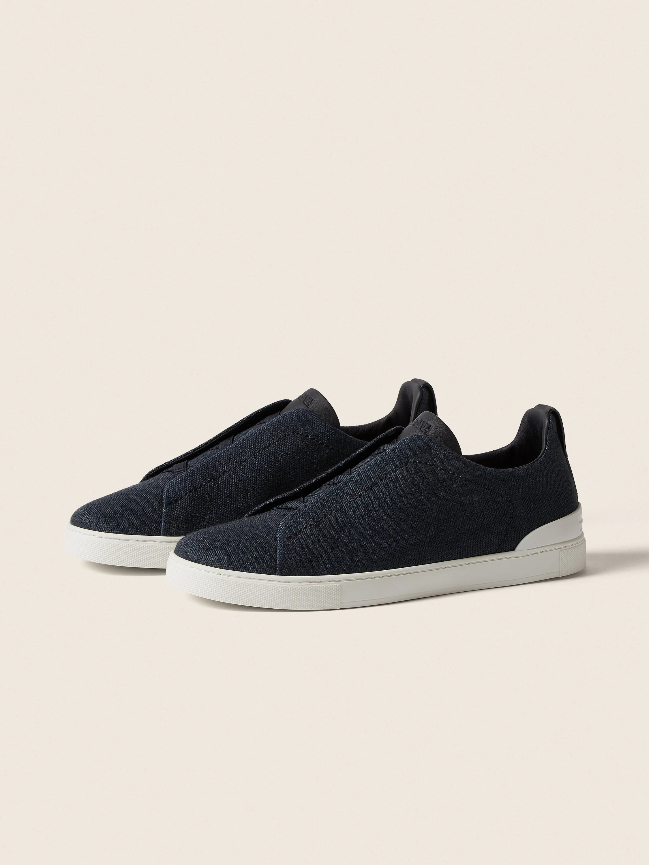 NAVY BLUE COTTON LINEN AND LEATHER TRIPLE STITCH™ SNEAKERS - 1