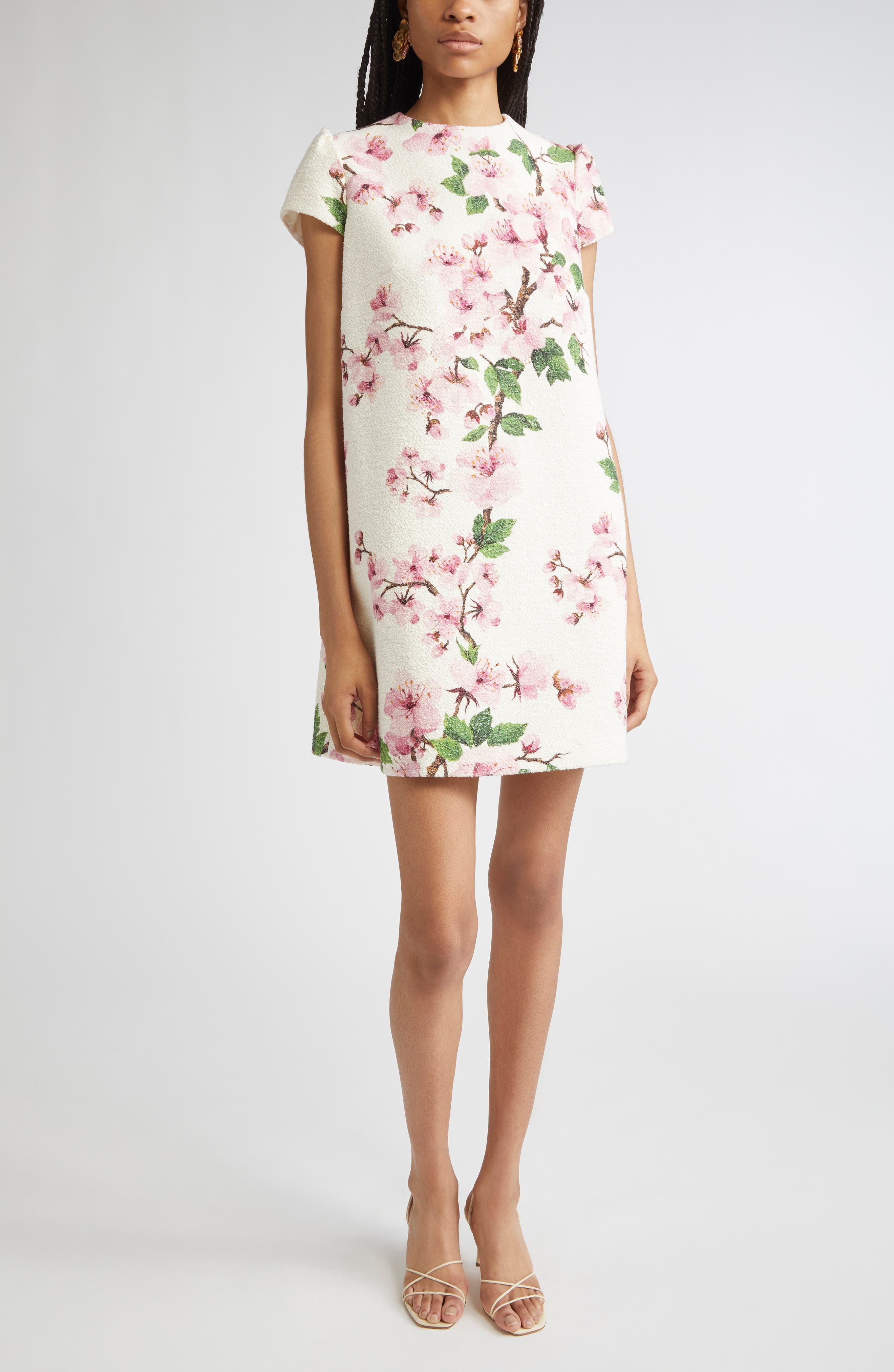 Oscar de la Renta Cherry Blossom Cap Sleeve Shift Dress in Pink/Ivorys at Nordstrom - 1