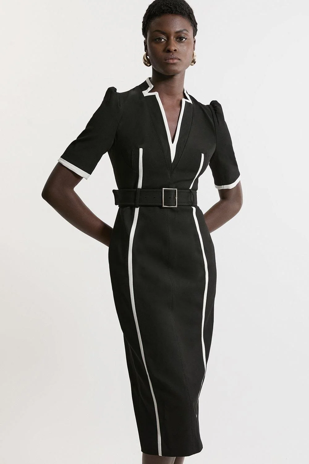 Compact Stretch Contrast Tipped Forever Belted Tailored Midi Dress - 1