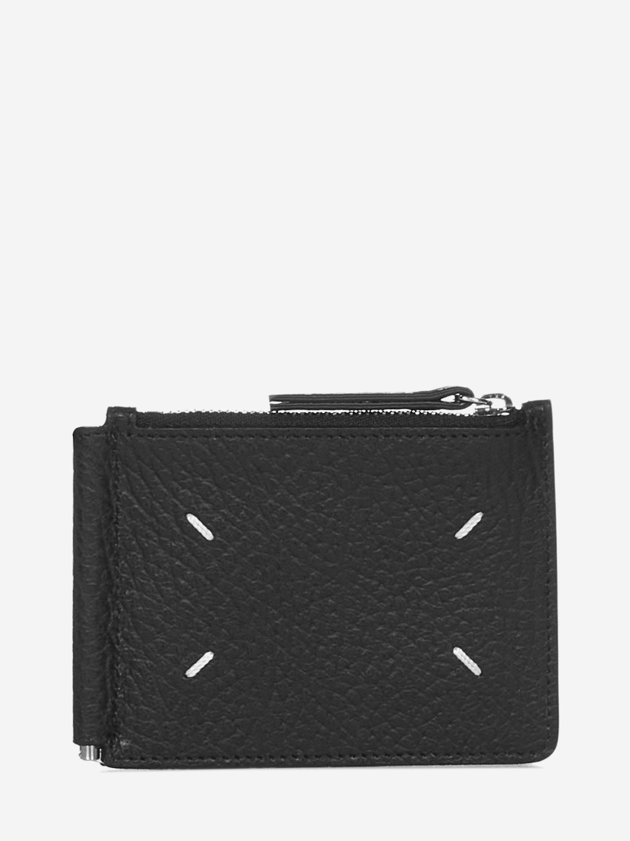 Black grained leather wallet with zip pocket and money clip and logo at back. - 2