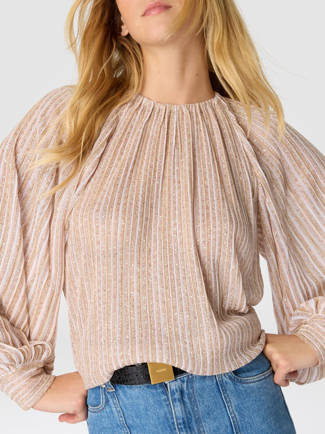 Flared Crew Neck Sweater with Lamé Stripes - 5
