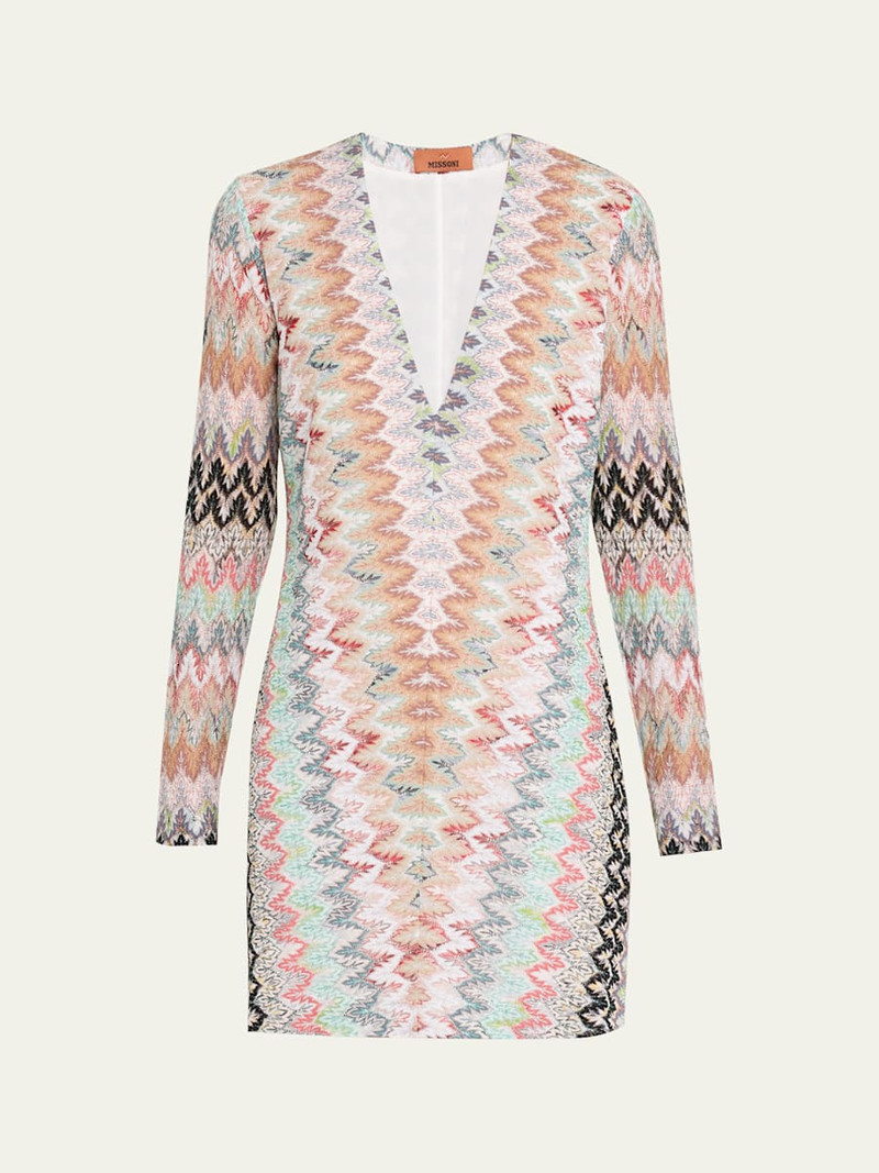 Plunging Metallic Zigzag Long-Sleeve Mini Dress 1