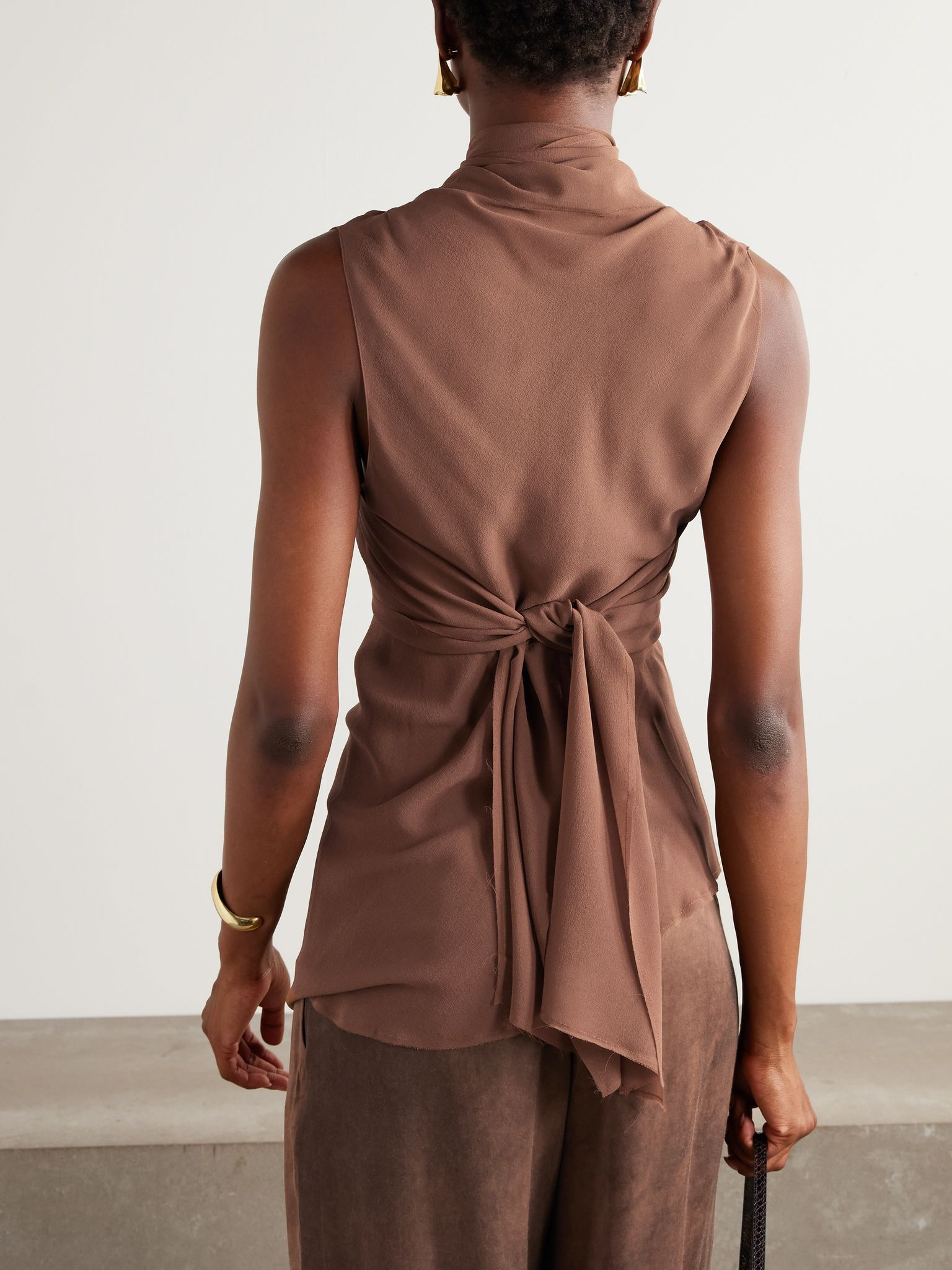Serene asymmetric draped silk-crepe top Brown - 3