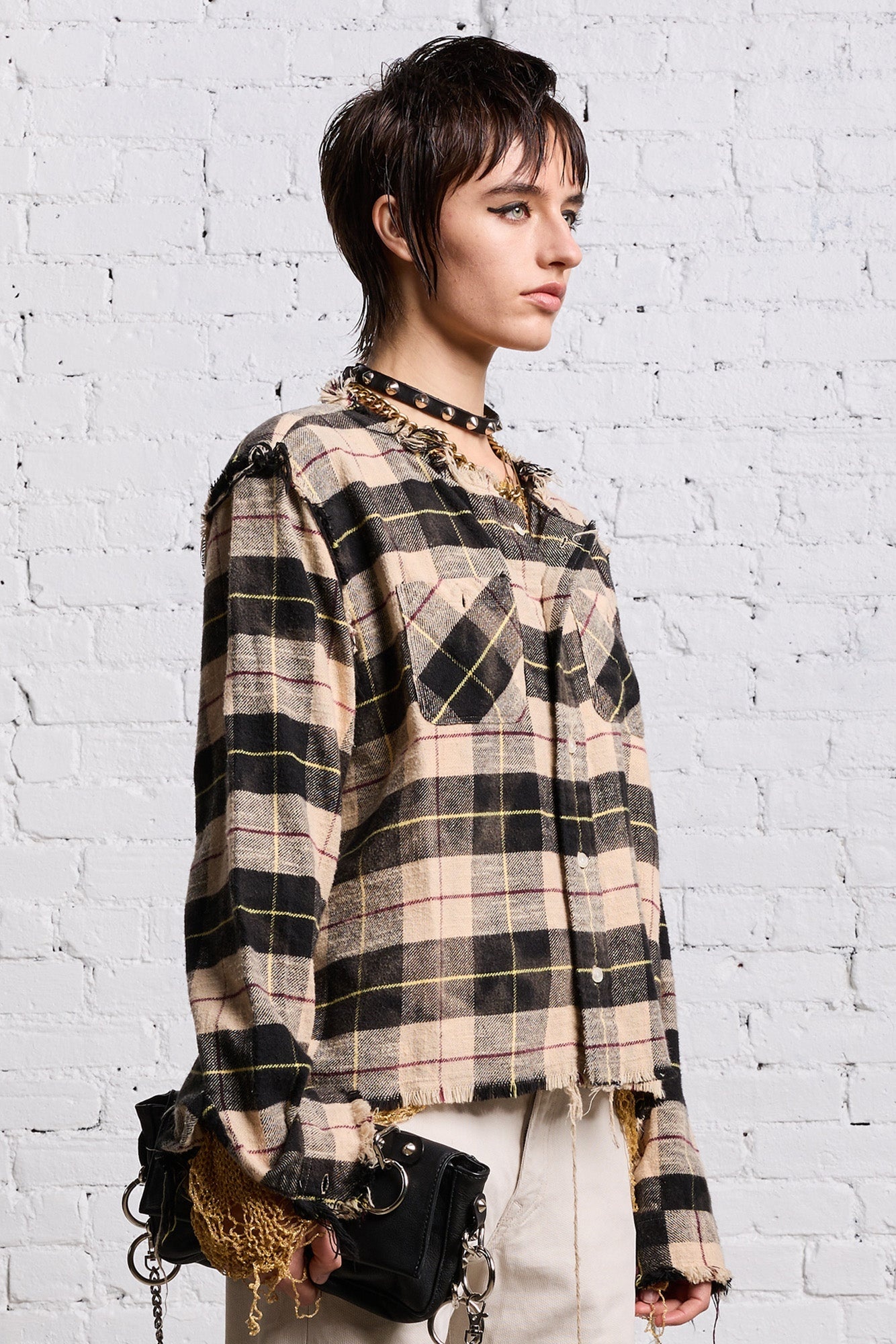 R13 SHREDDED CREWNECK SHIRT - BLEACHED BEIGE PLAID | REVERSIBLE