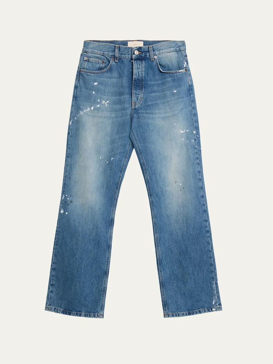 Men's Paint Splatter Medium Blue Denim Jeans - 1
