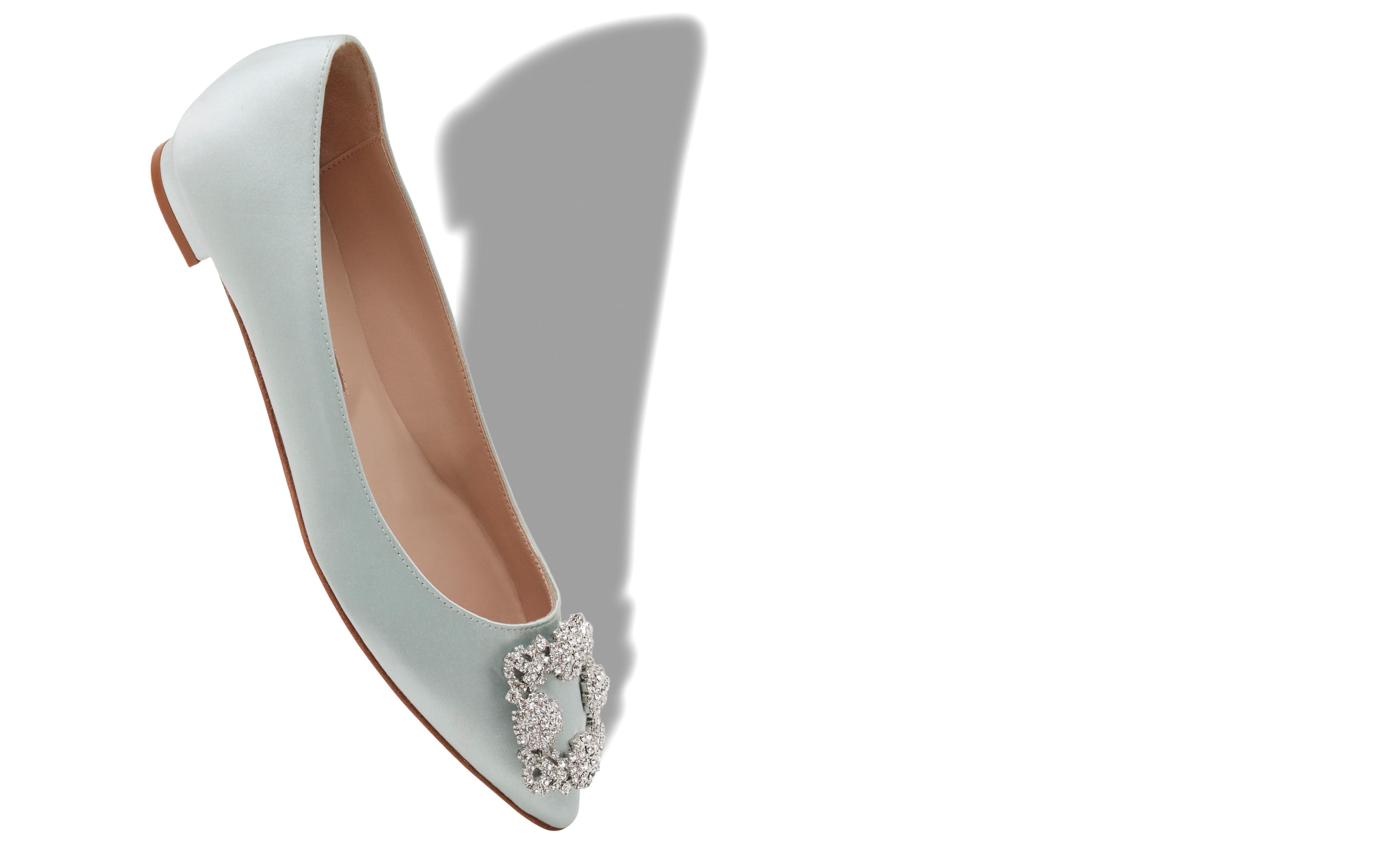 Pale Green Satin Jewel Buckle Flat Shoes - 2