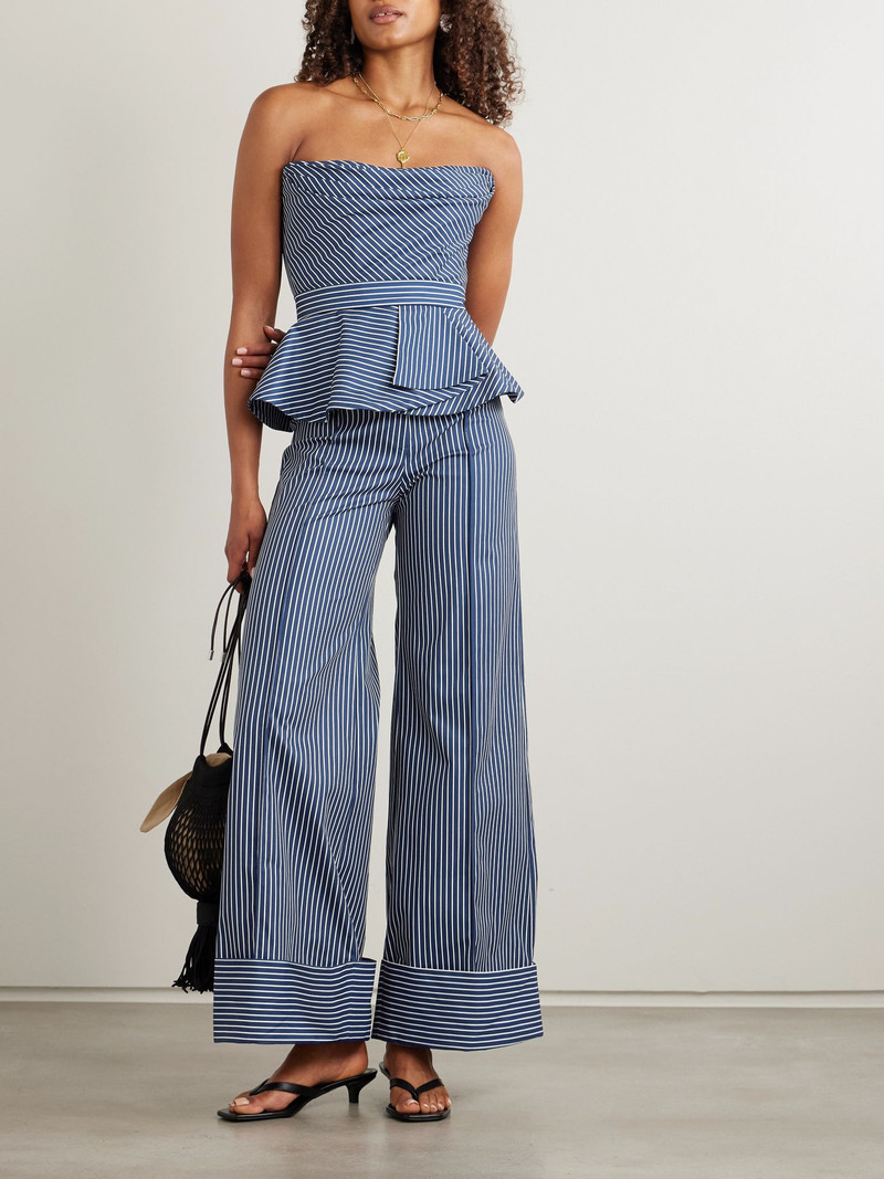 ANDRES OTALORA Alborada strapless striped stretch cotton-twill peplum top Navy outlook