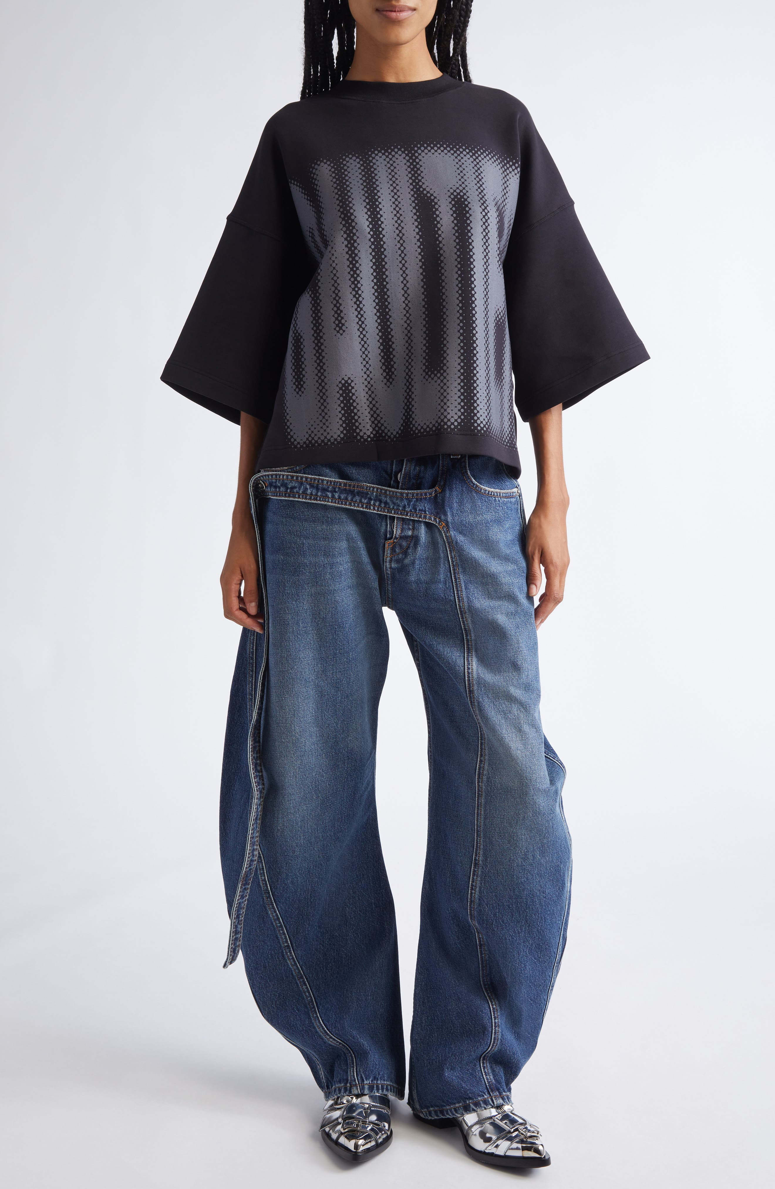 Jean Paul Gaultier Strap Detail Wide Leg Jeans in Vintage Blue at Nordstrom - 8