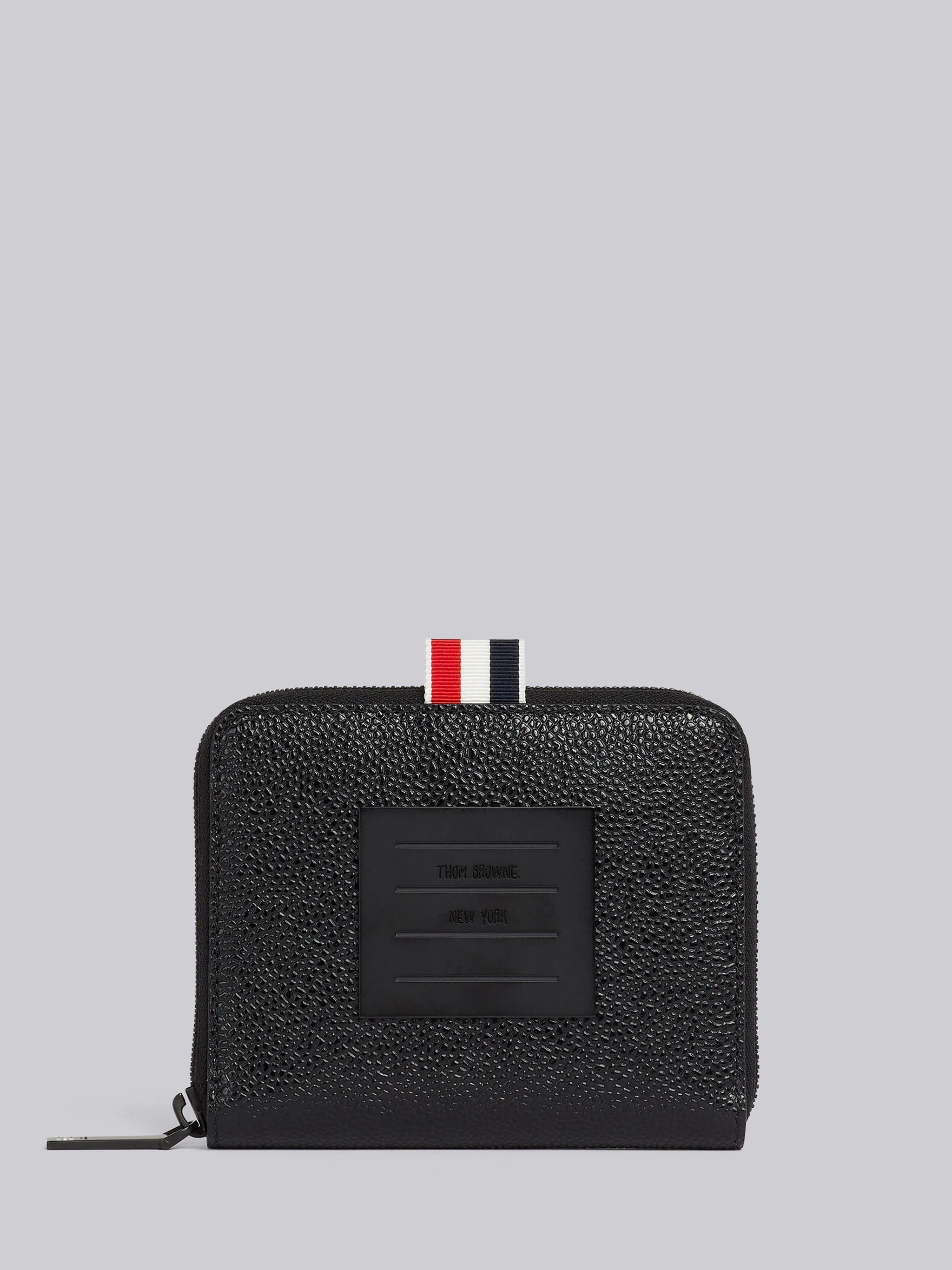 Black Pebble Grain Leather Tonal 4-Bar Brass Label Short Zip Wallet - 1