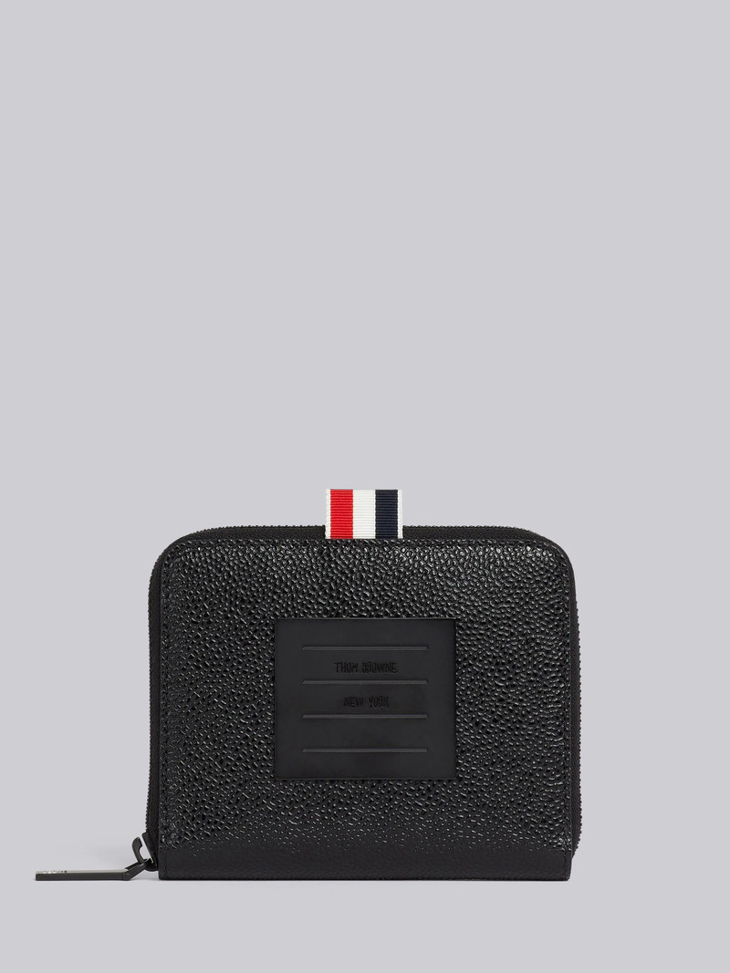 Black Pebble Grain Leather Tonal 4-Bar Brass Label Short Zip Wallet 1