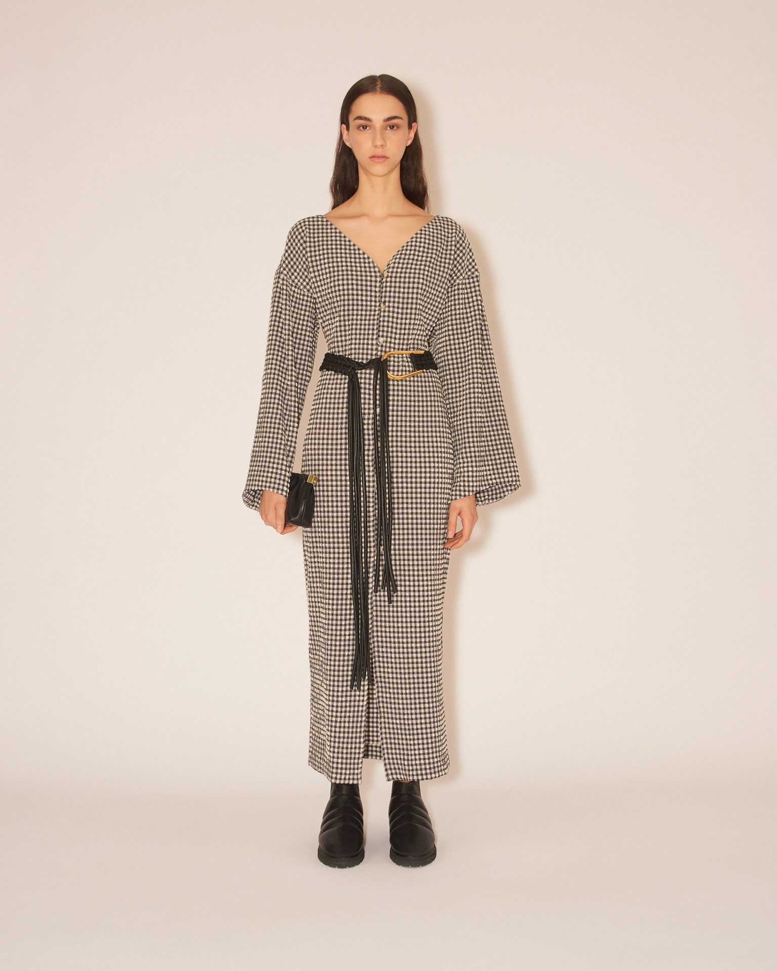 VERDA - Fitted button down seersucked check maxi dress - Navy/Creme - 3