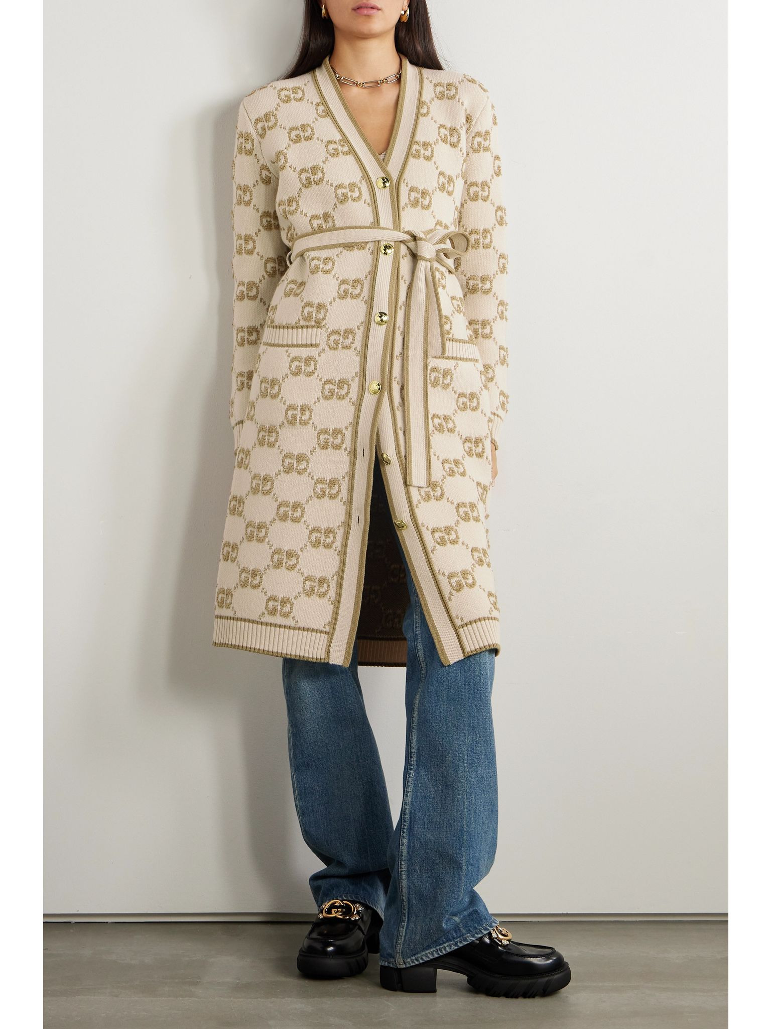 Belted wool-jacquard cardigan Camel - 3
