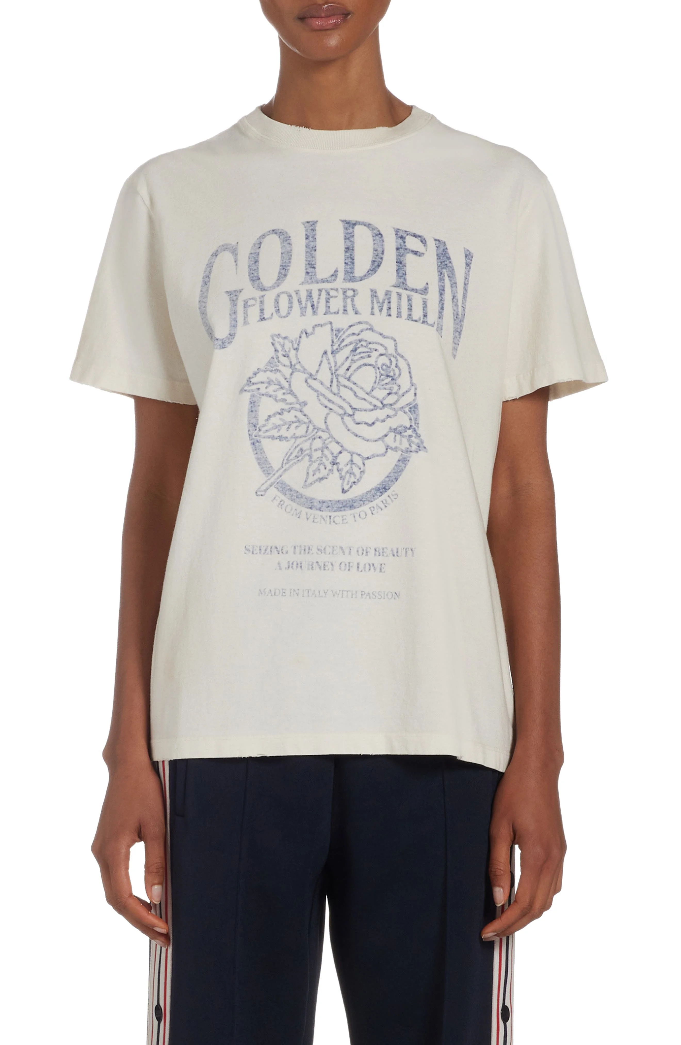 Golden Flower Mill Distressed Silk Blend Graphic T-Shirt - 1