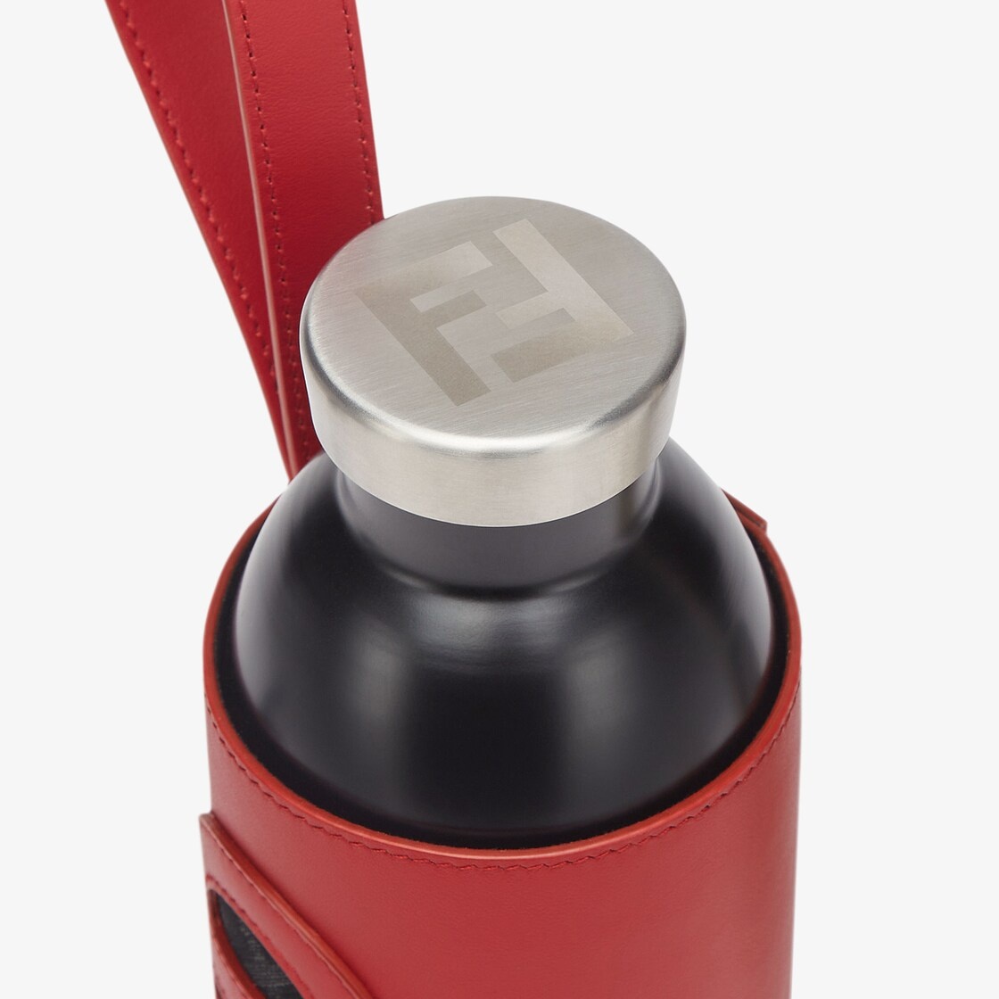 Thermal flask in black brushed steel, with engraved FENDI ROMA lettering and FF branded lid. Red lea - 3