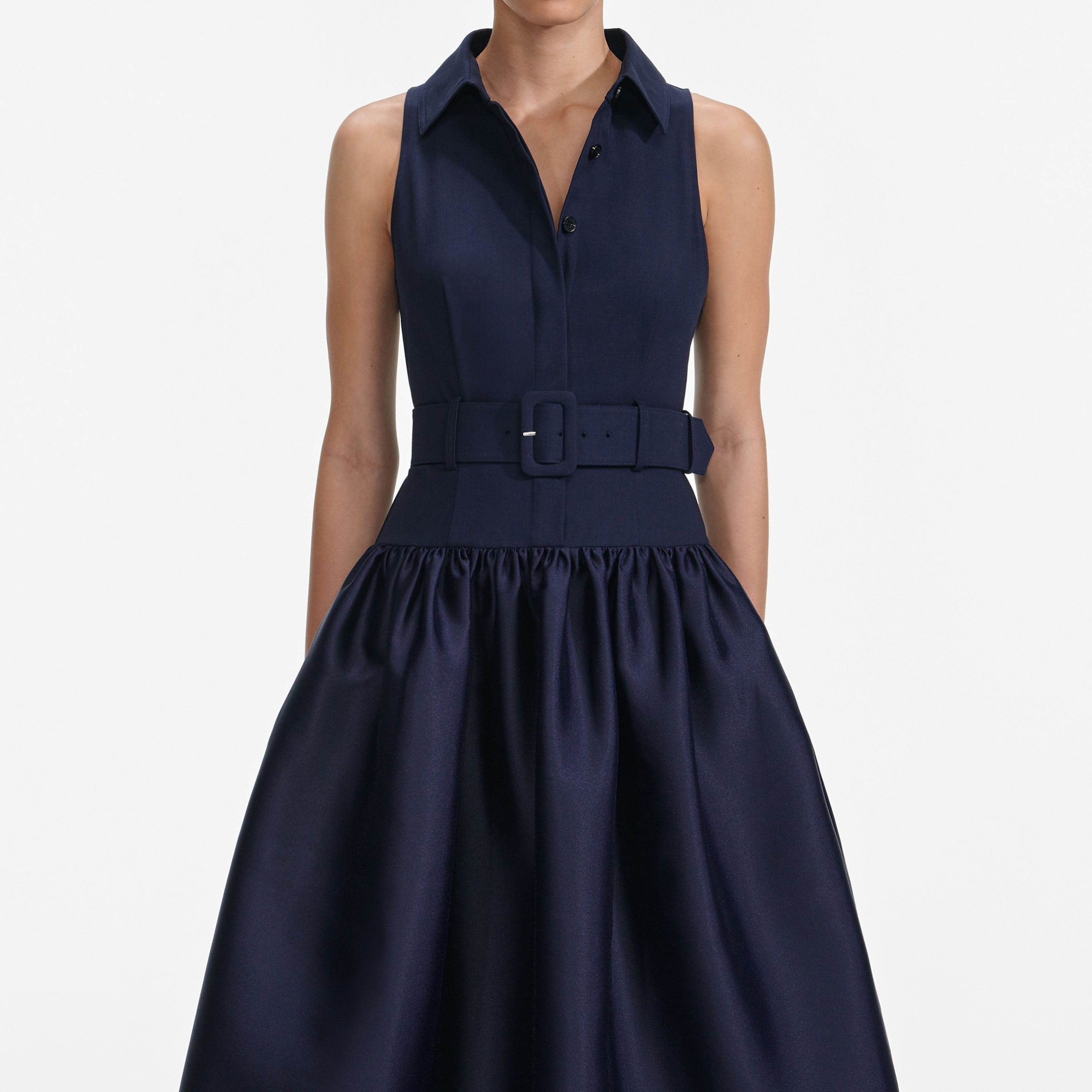 Navy Belted Twill Midi Dress - 4