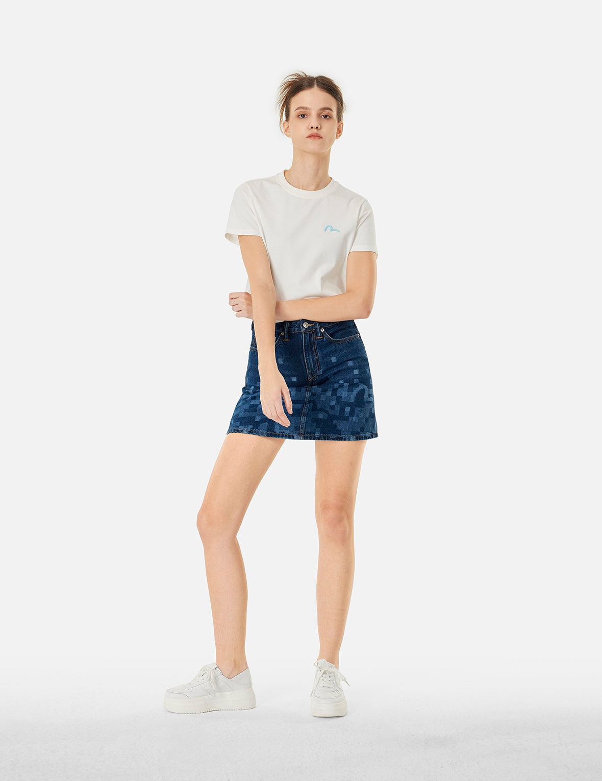 PIXEL SEAGULL EMBROIDERY AND PRINT REGULAR FIT DENIM SKIRT - 4