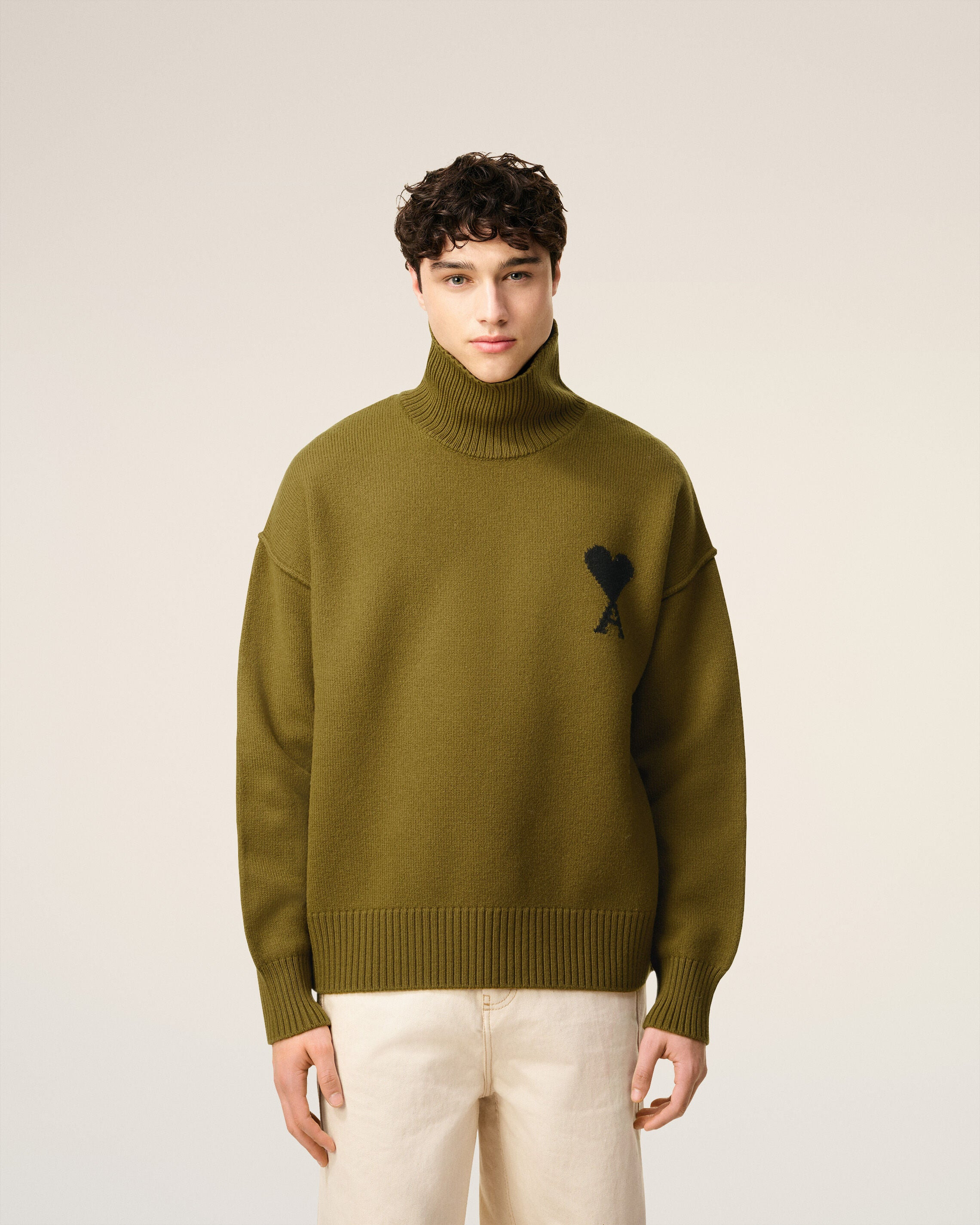 KHAKI WOOL AMI DE COEUR FUNNEL NECK SWEATER - 3