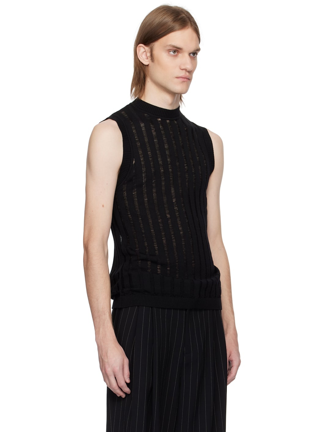 Black Ribbed Sleeveless Laddering Tank Top - 2