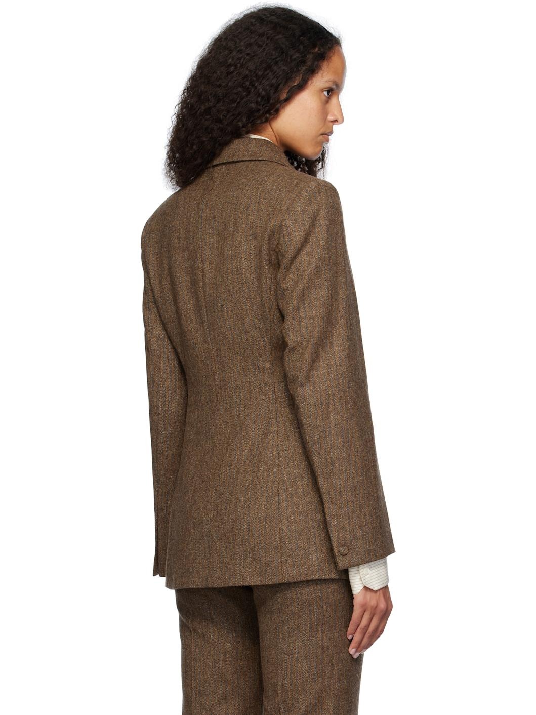 Brown Fitted Herringbone Blazer - 3