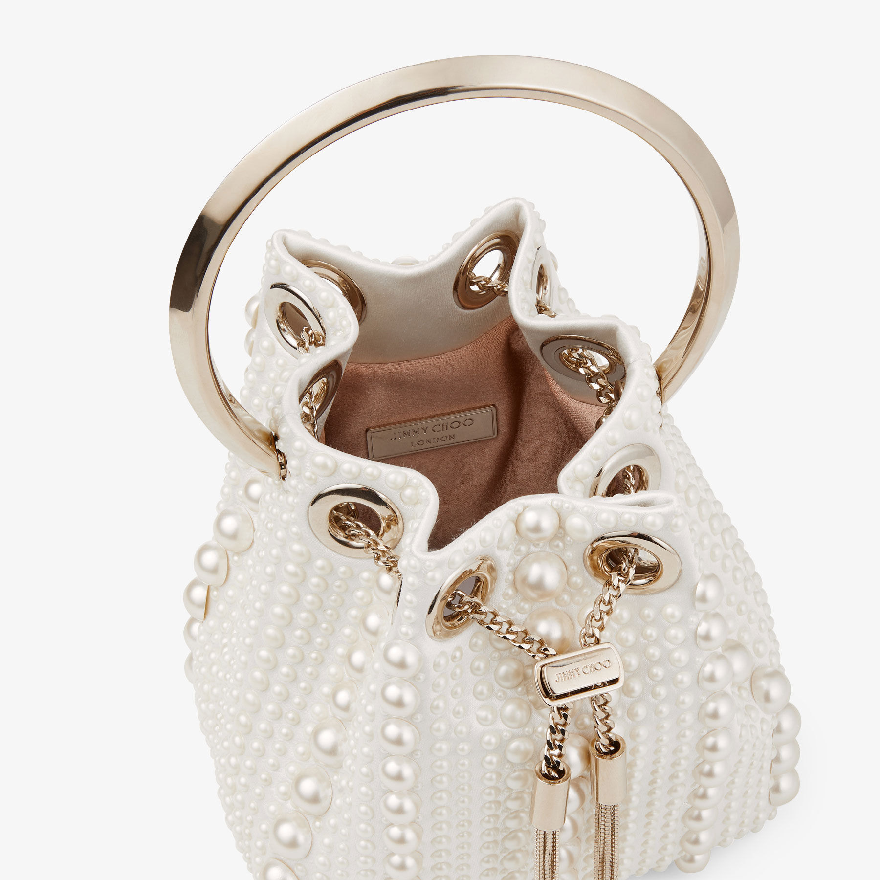 Micro Bon Bon
Ivory Satin Mini Bag with All-Over Pearls - 4