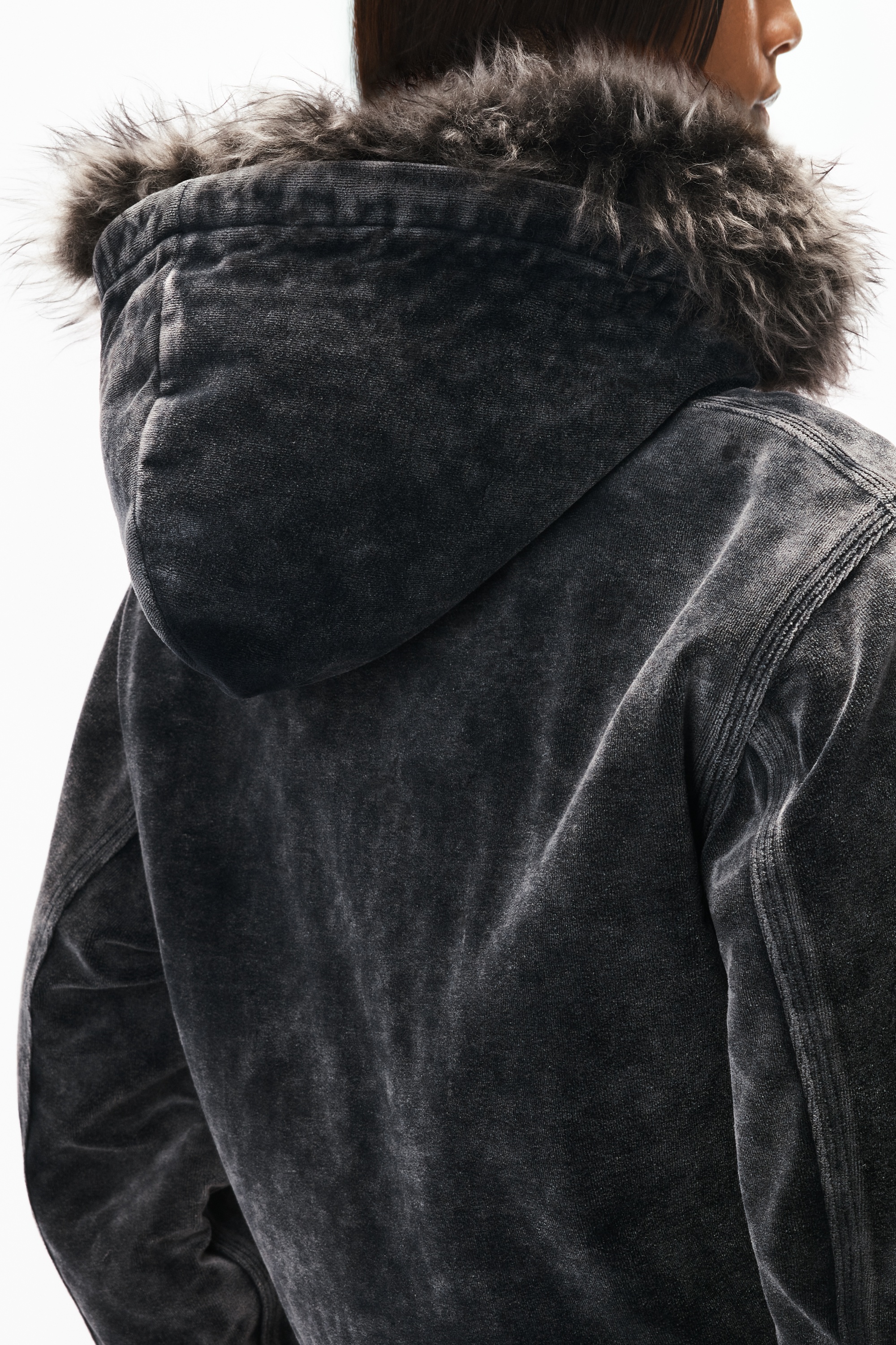zip-up hoodie in velour with shearling hood - 5