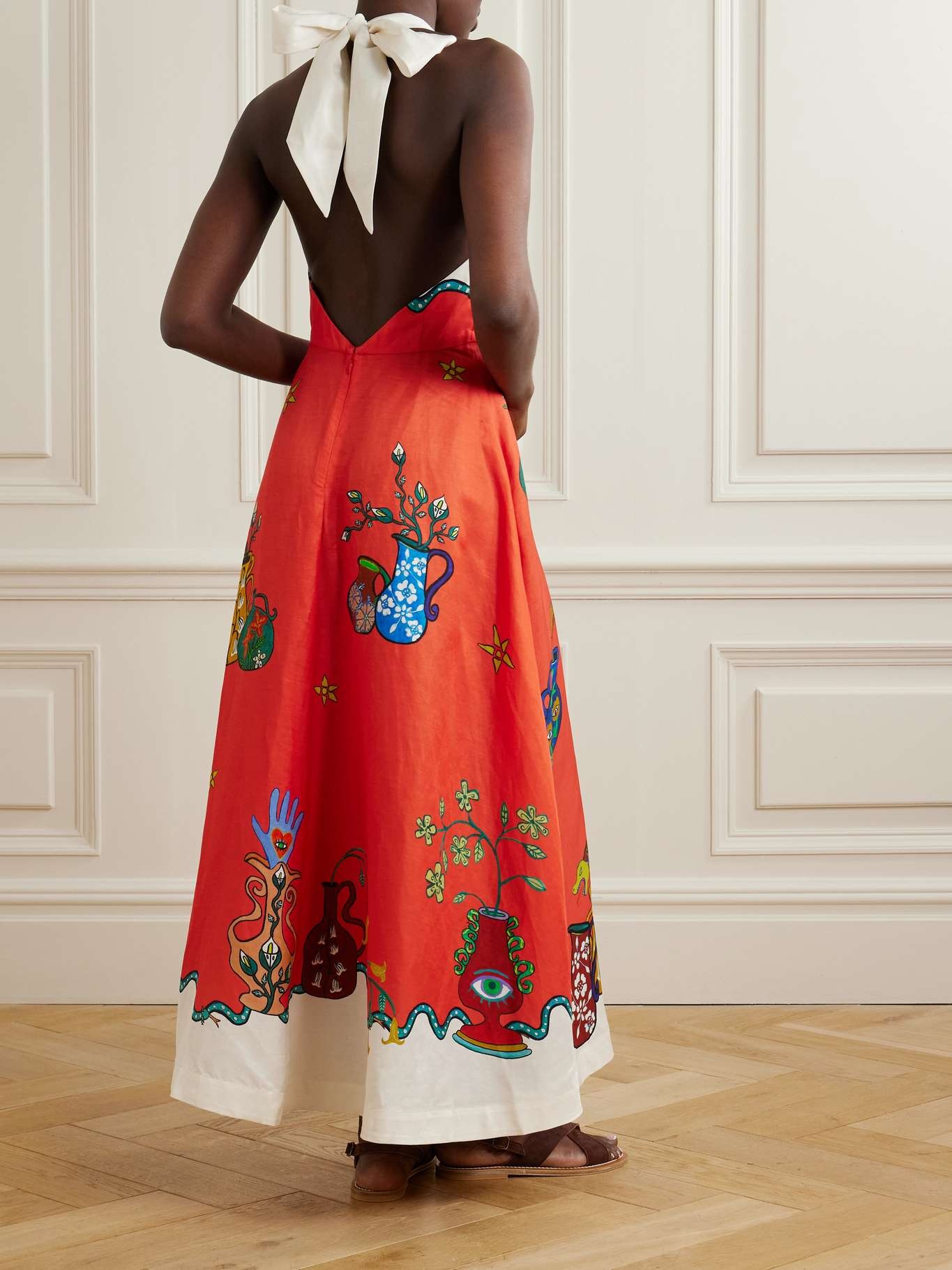 Rose printed twill maxi halterneck dress Orange - 3