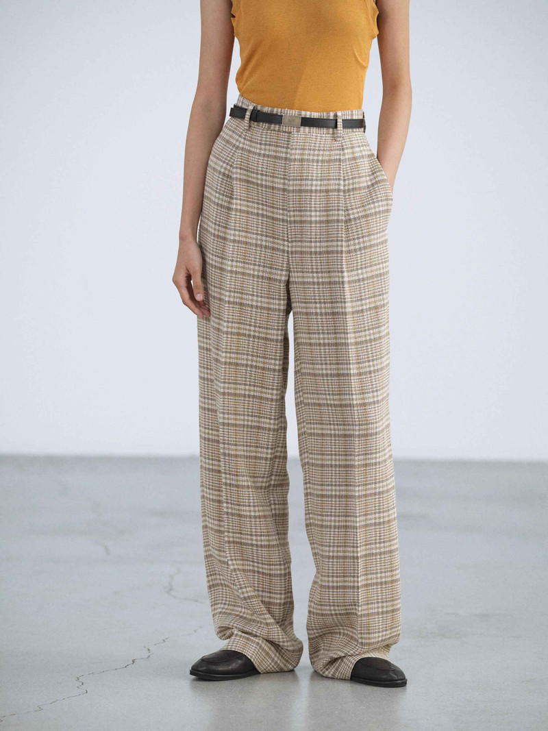 SILK LINEN NEP CHECK ONE-TUCK SLACKS 4