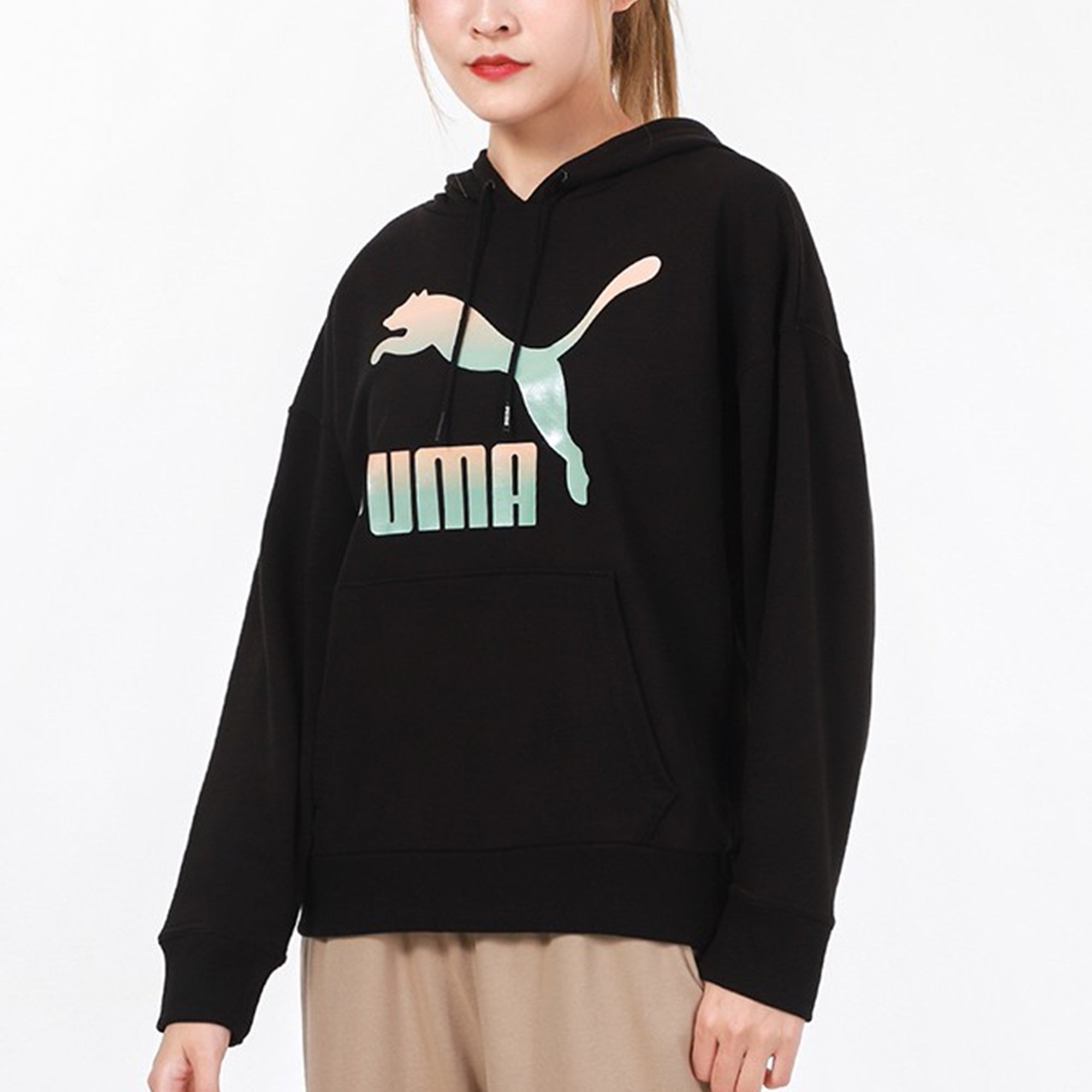 (WMNS) PUMA Classics Logo Hoodie 'Black White' 531385-71 - 5