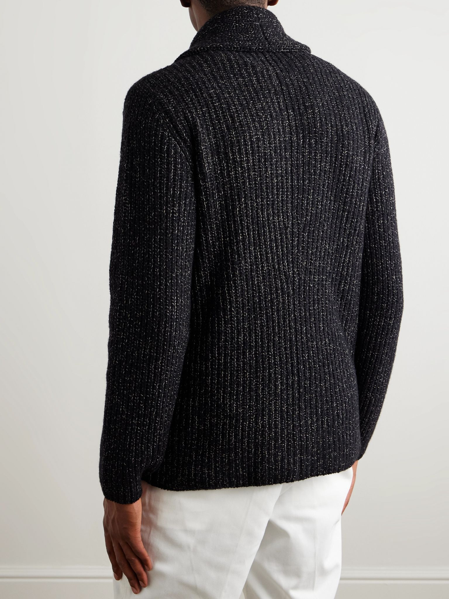 Shawl-Collar Double-Breasted Ribbed Virgin Wool, Silk and Cashmere-Blend Cardigan Black - 3