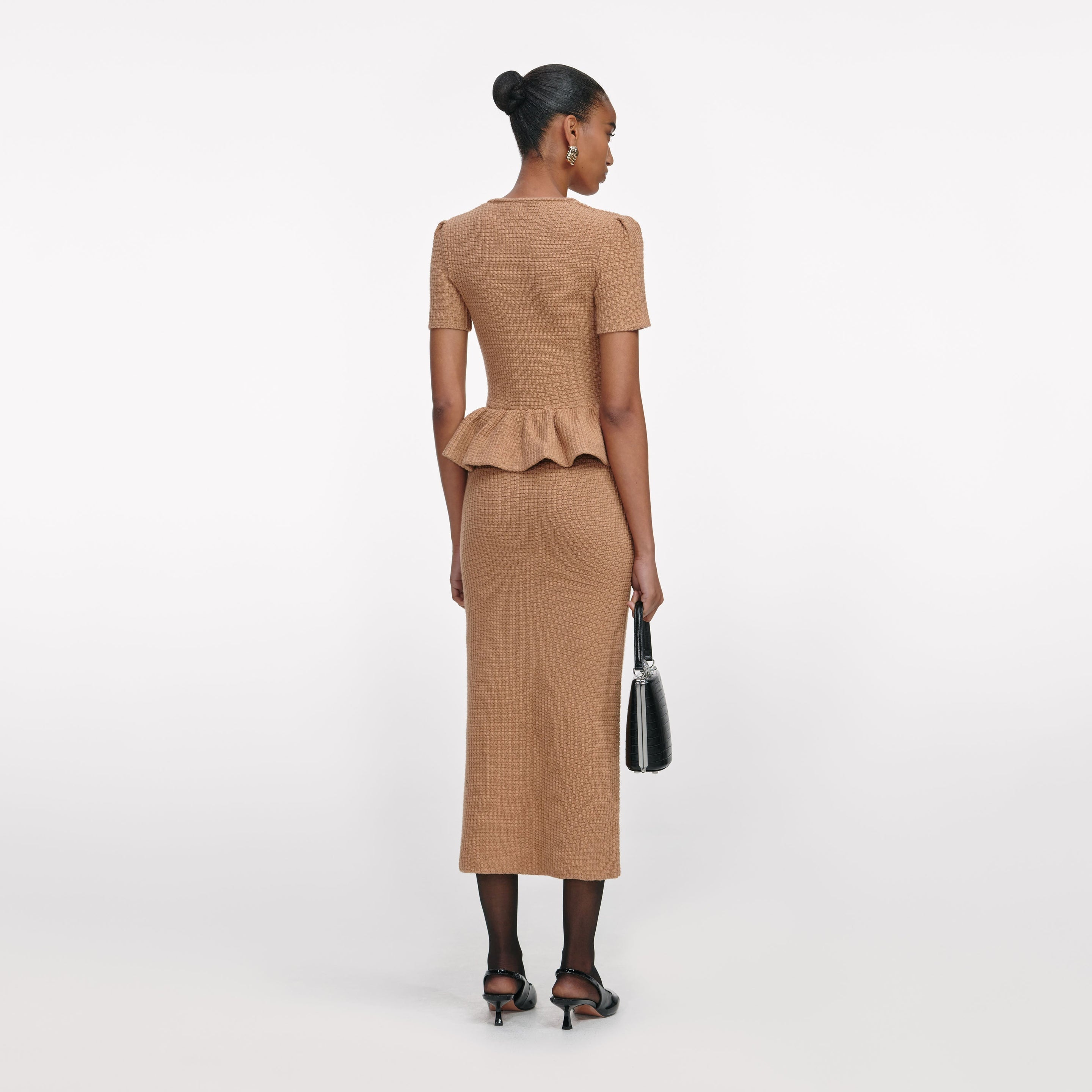 Camel Peplum Knit Midi Dress - 3