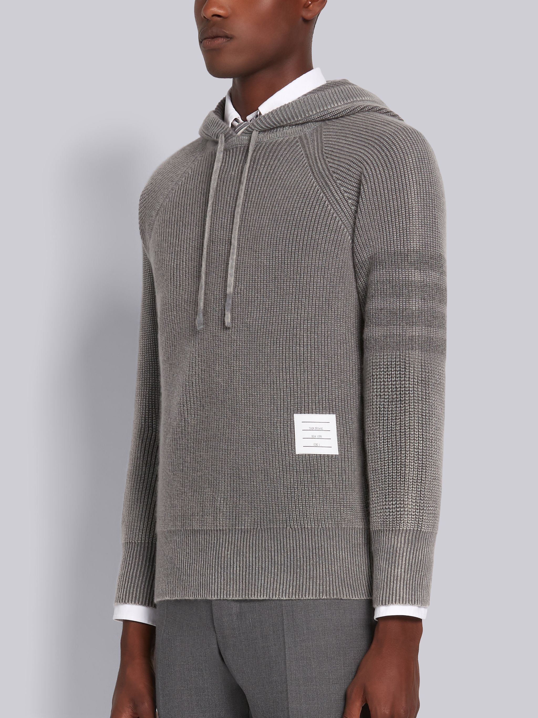 Medium Grey Cashmere Garment Dyed Half Cardigan Stitch Relaxed 4-Bar Pullover Hoodie - 2