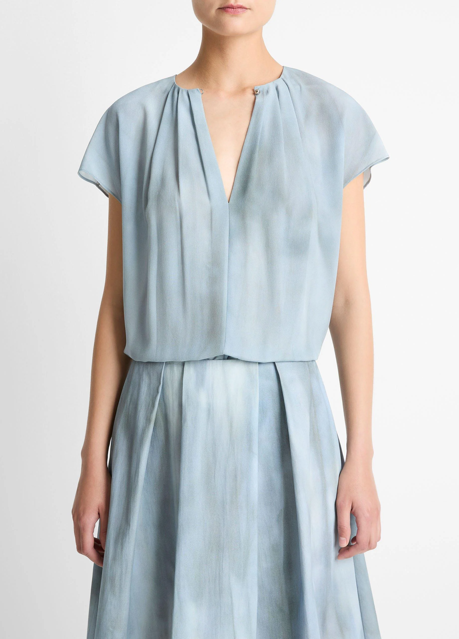 Washed Ombré Silk Gathered Cap-Sleeve Blouse - 1