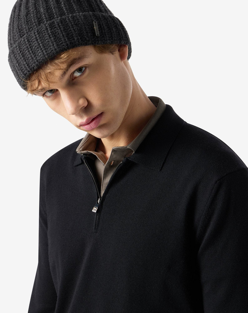 Black zip-up extra fine wool polo shirt 4