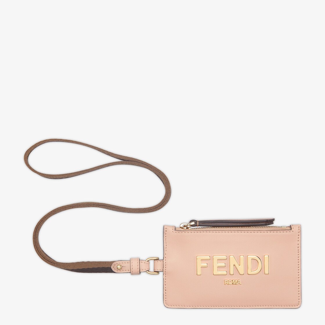 Fendi Roma card holder with zipper closure and Pequin ribbon strap. Made of pink leather. Gold-finis - 1