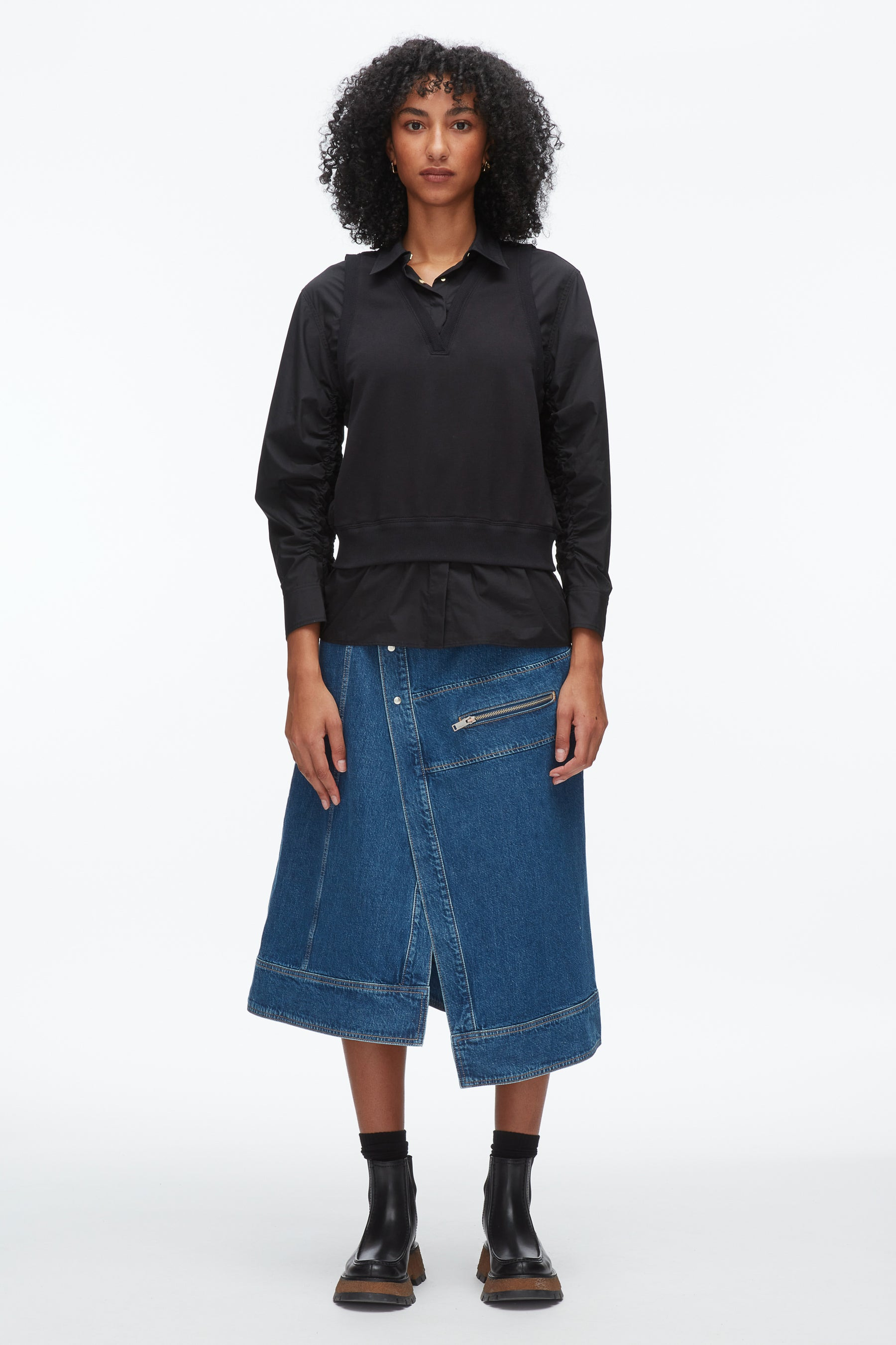 Layered Vest Ruched Sleeve Shirt - 2