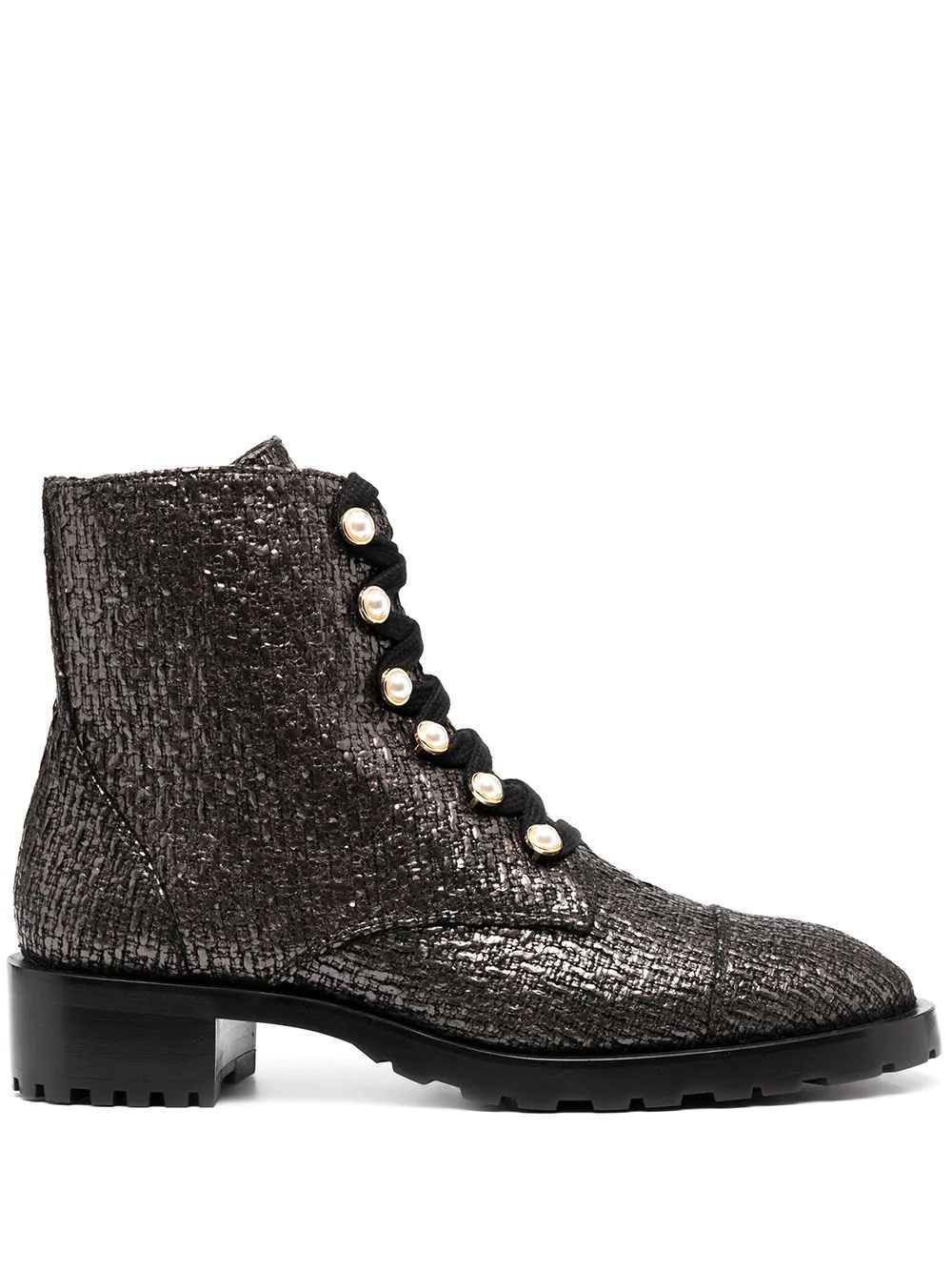 pearl-embellished textured combat boots - 1