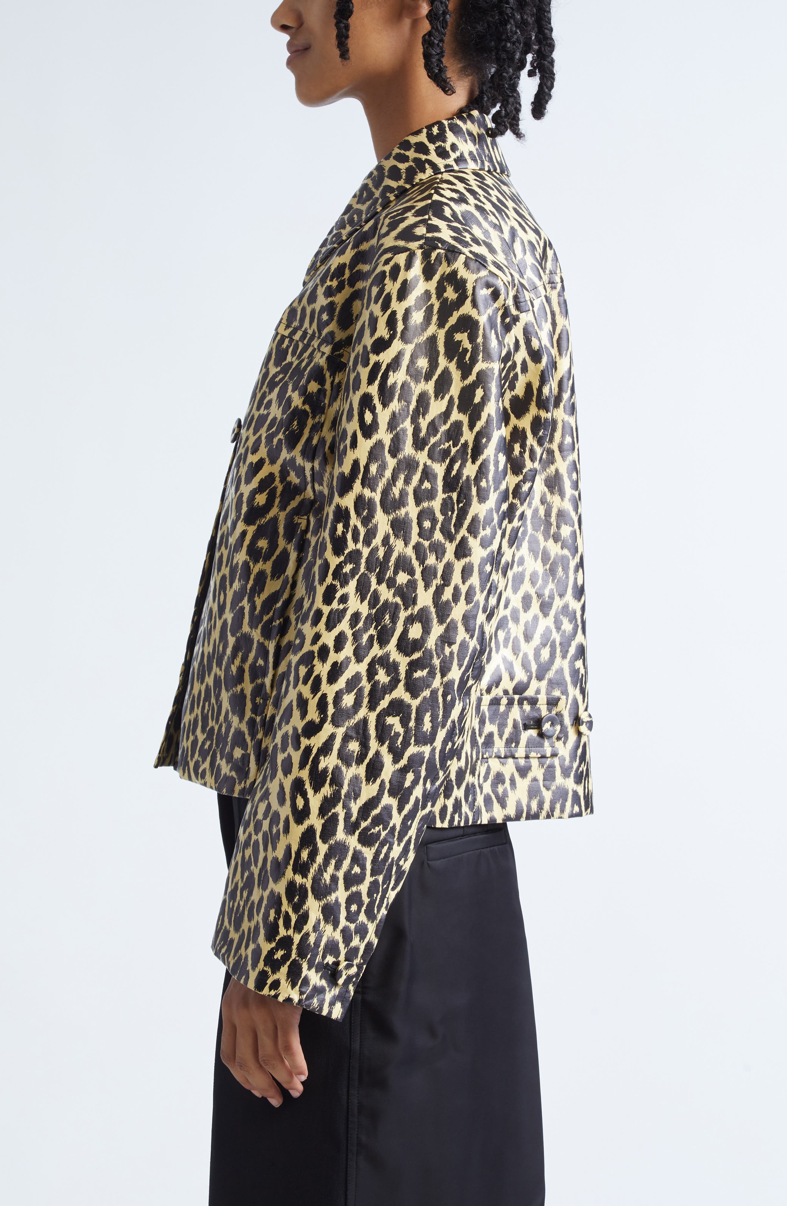 Jil Sander Leopard Print Coated Linen Crop Jacket in Canvas Beige at Nordstrom - 4